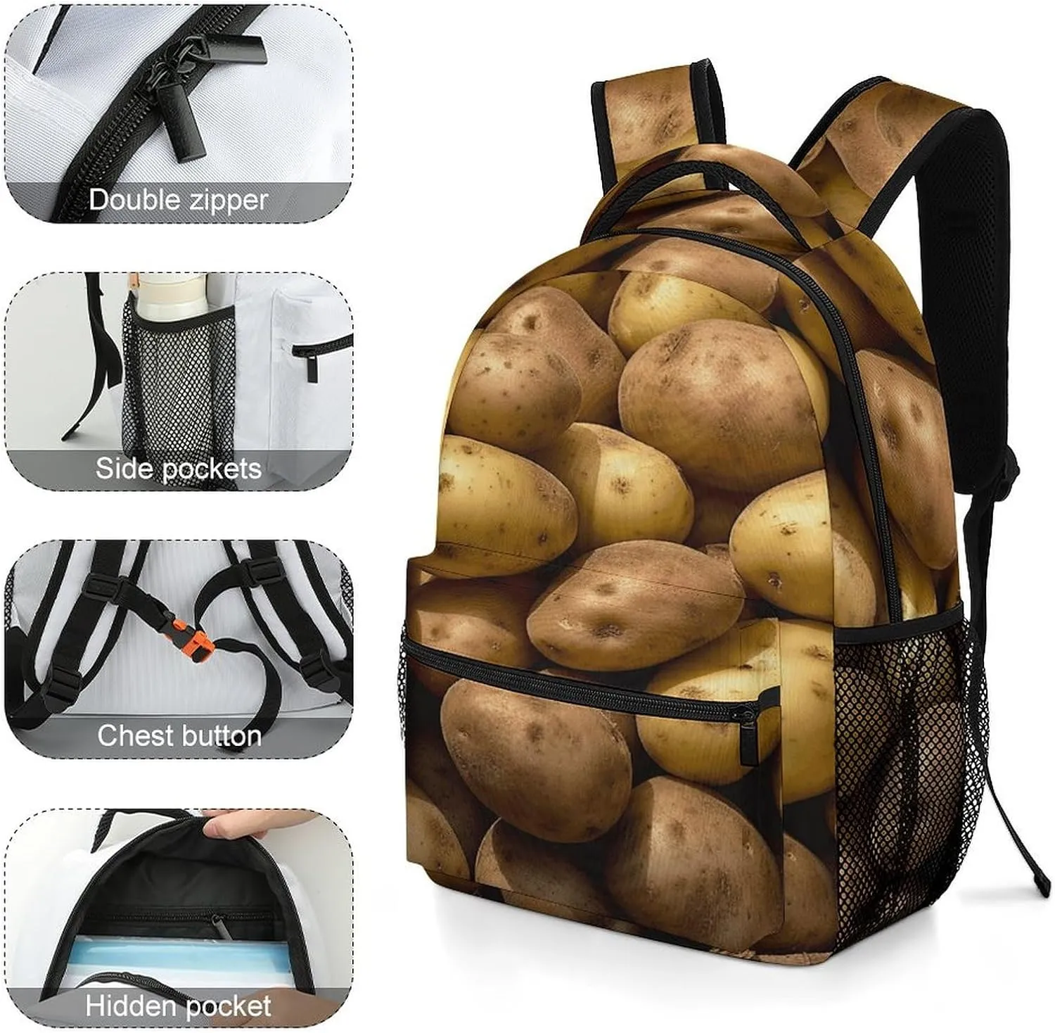 Small Backpacks Personalized Garden Potatoes Printing Travel Bag Lightweight Travel Backpack For Women Men