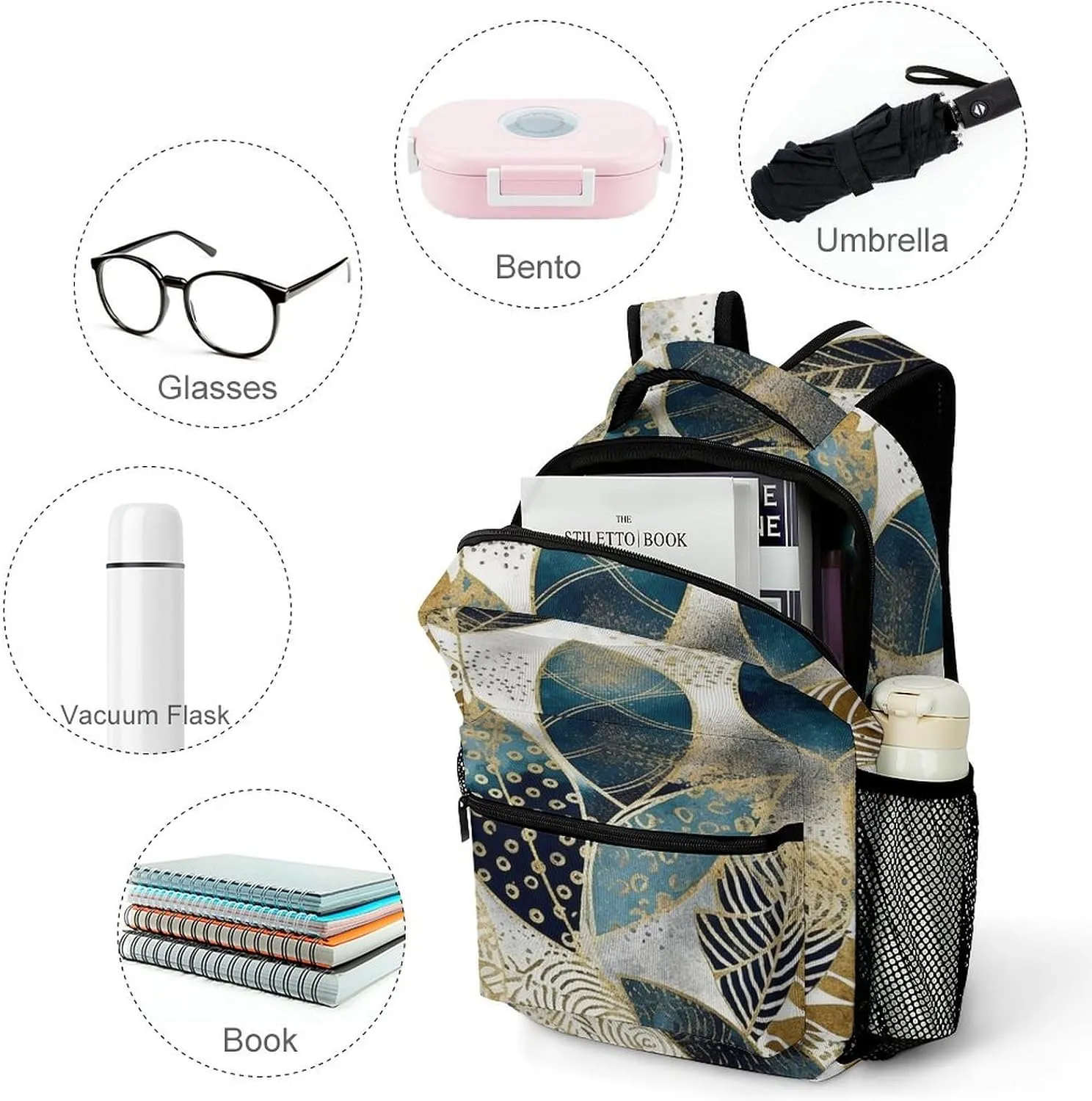 Small Backpacks Personalized Golden Graphics Printing Travel Bag Lightweight Travel Backpack For Women Men