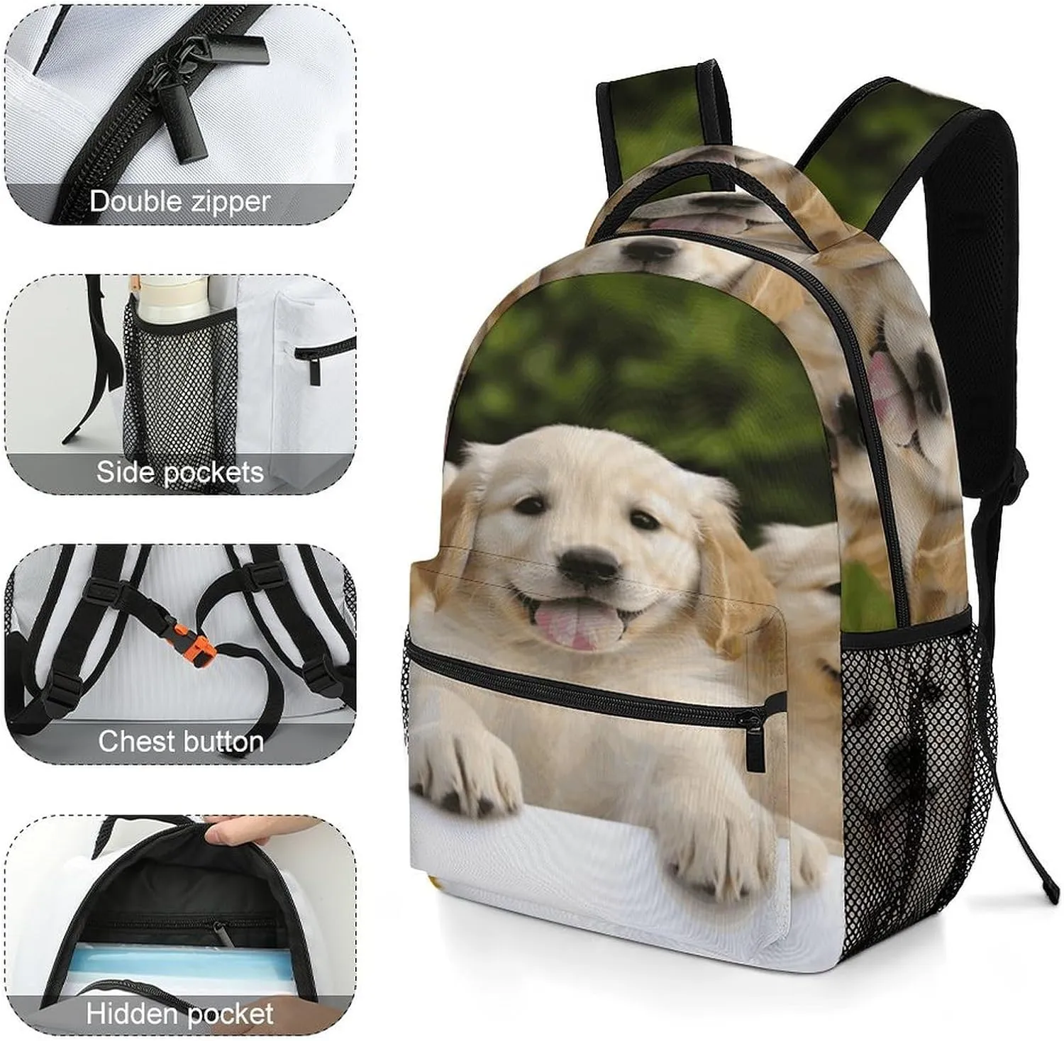 Small Backpacks Personalized Golden Retriever Puppies Printing Travel Bag Lightweight Travel Backpack For Women Men