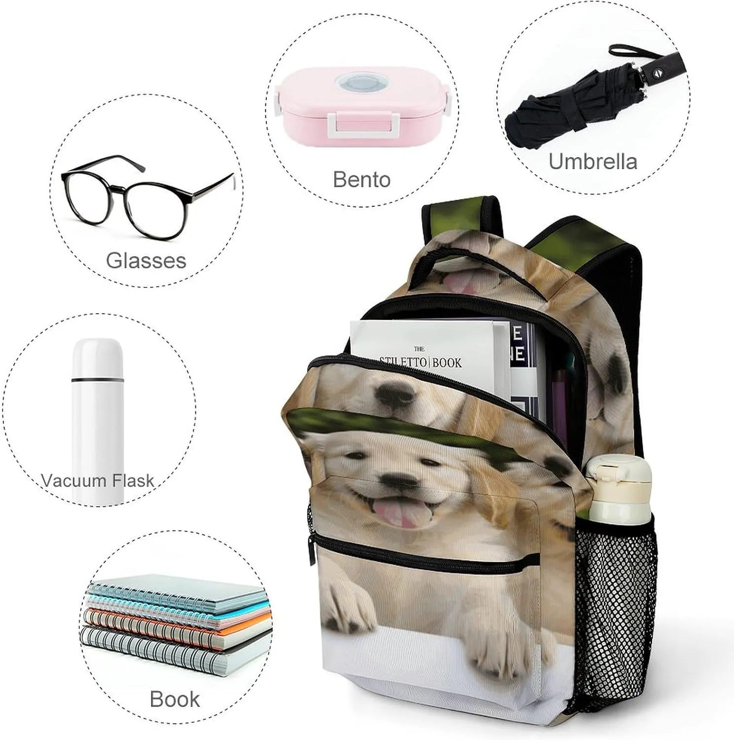 Small Backpacks Personalized Golden Retriever Puppies Printing Travel Bag Lightweight Travel Backpack For Women Men