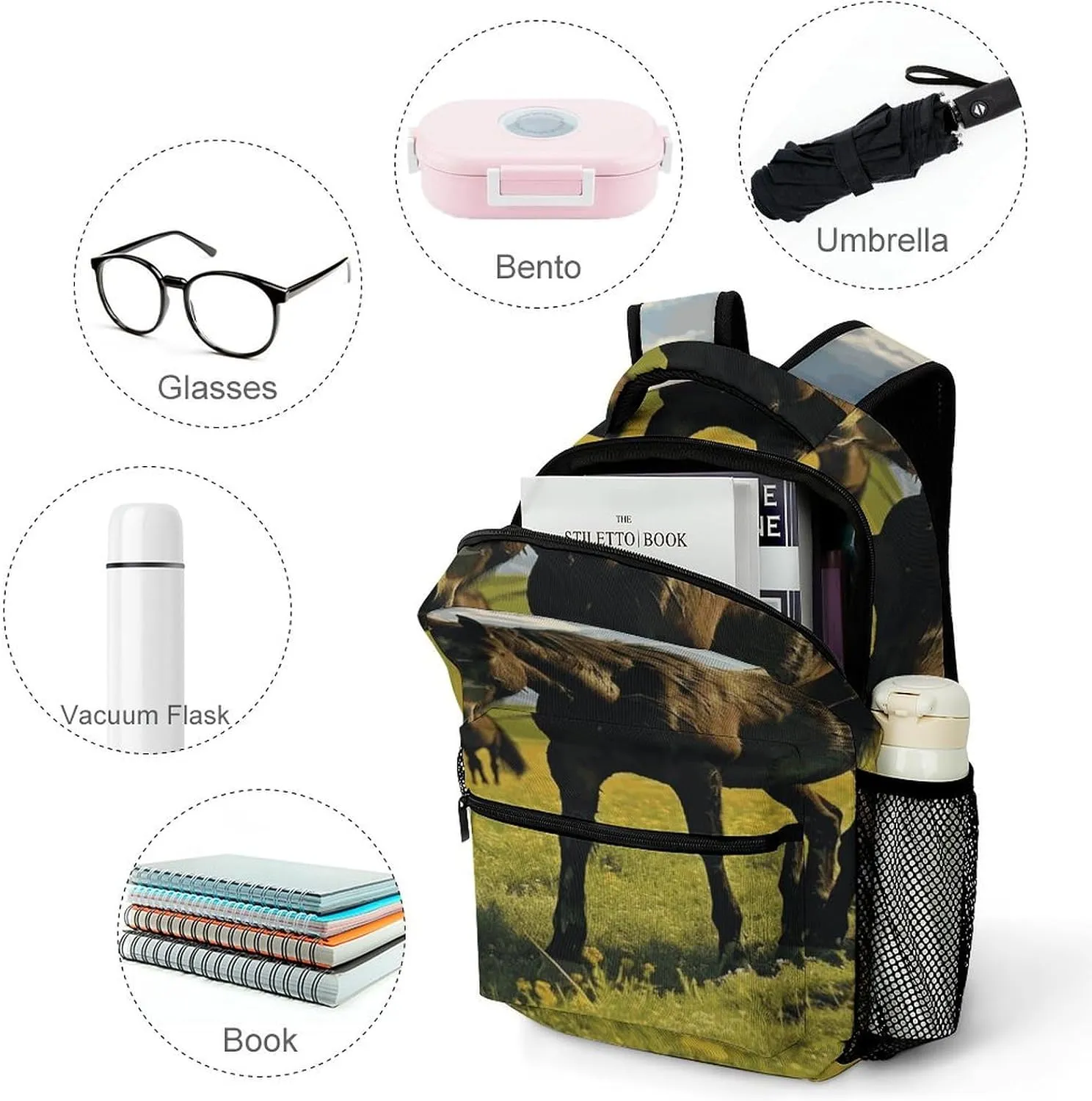Small Backpacks Personalized Grazing Wild Horses Printing Travel Bag Lightweight Travel Backpack For Women Men