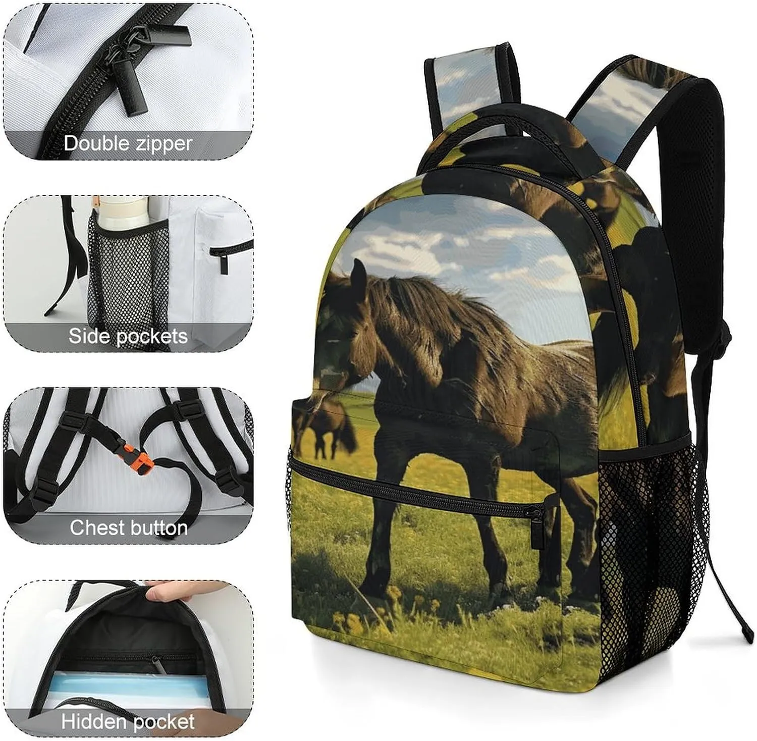 Small Backpacks Personalized Grazing Wild Horses Printing Travel Bag Lightweight Travel Backpack For Women Men