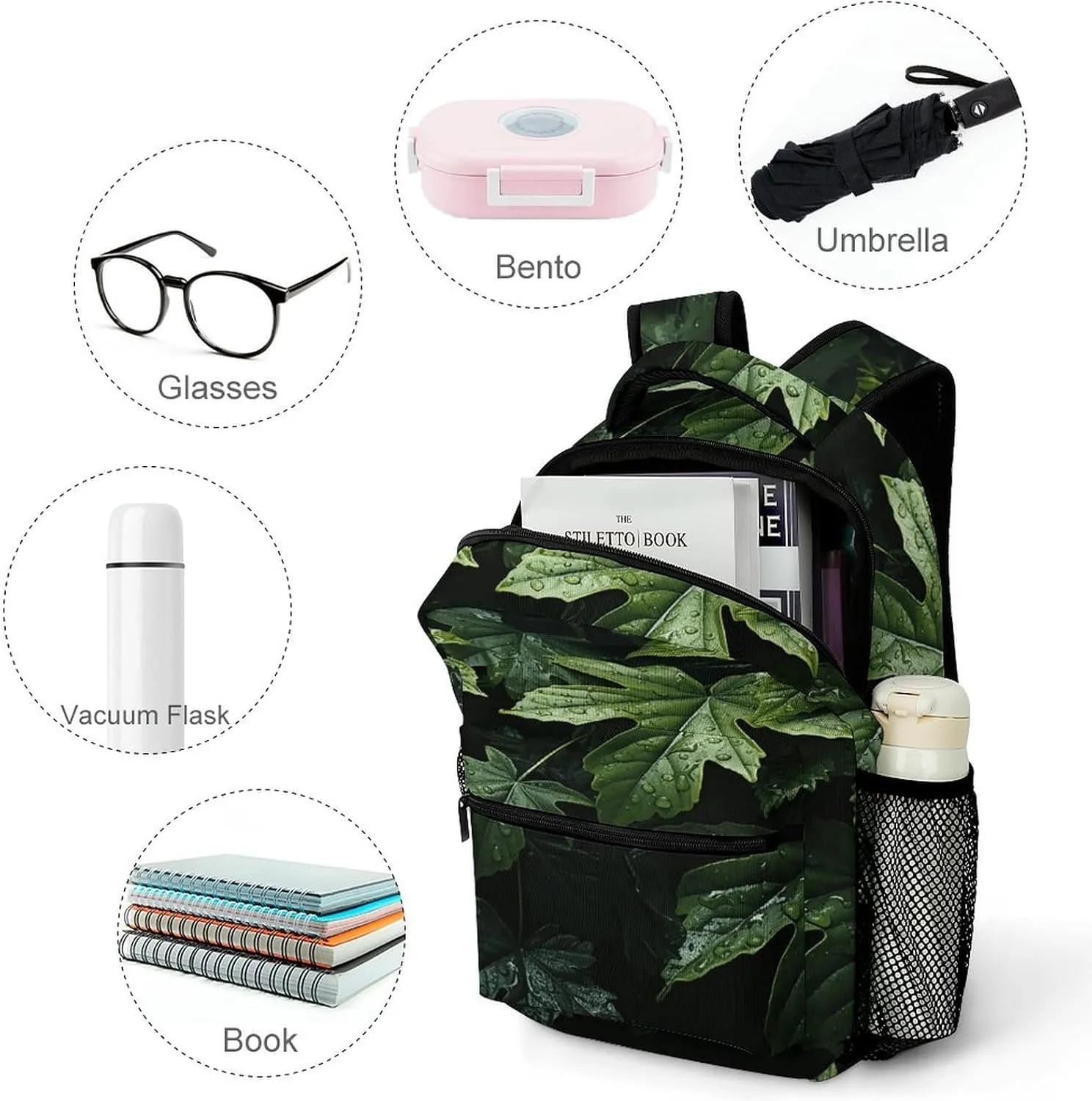Small Backpacks Personalized Green Leaves Pattern Printing Travel Bag Lightweight Travel Backpack For Women Men