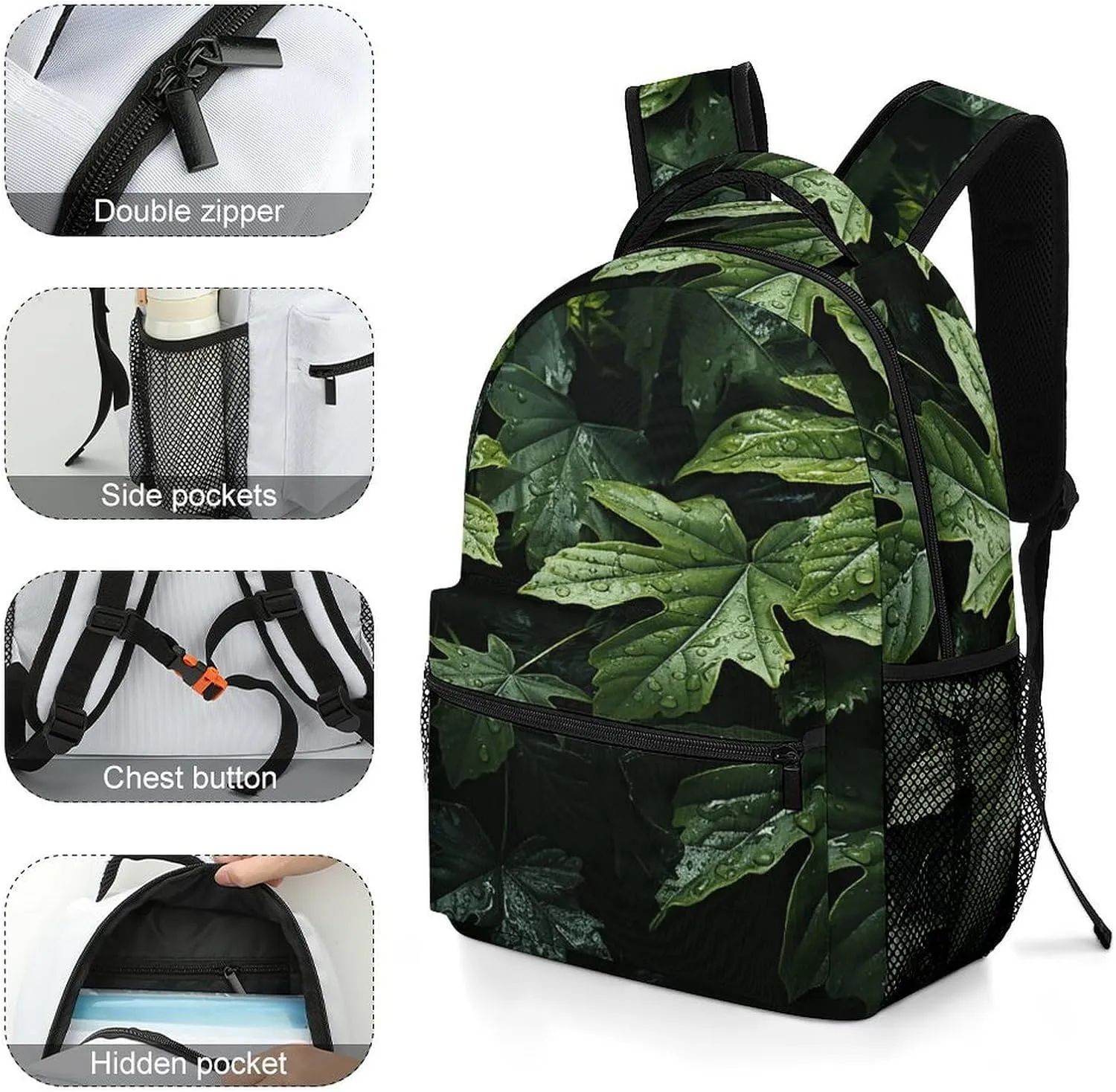 Small Backpacks Personalized Green Leaves Pattern Printing Travel Bag Lightweight Travel Backpack For Women Men