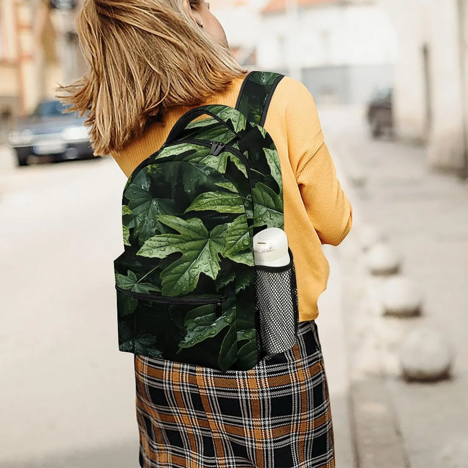 Small Backpacks Personalized Green Leaves Pattern Printing Travel Bag Lightweight Travel Backpack For Women Men