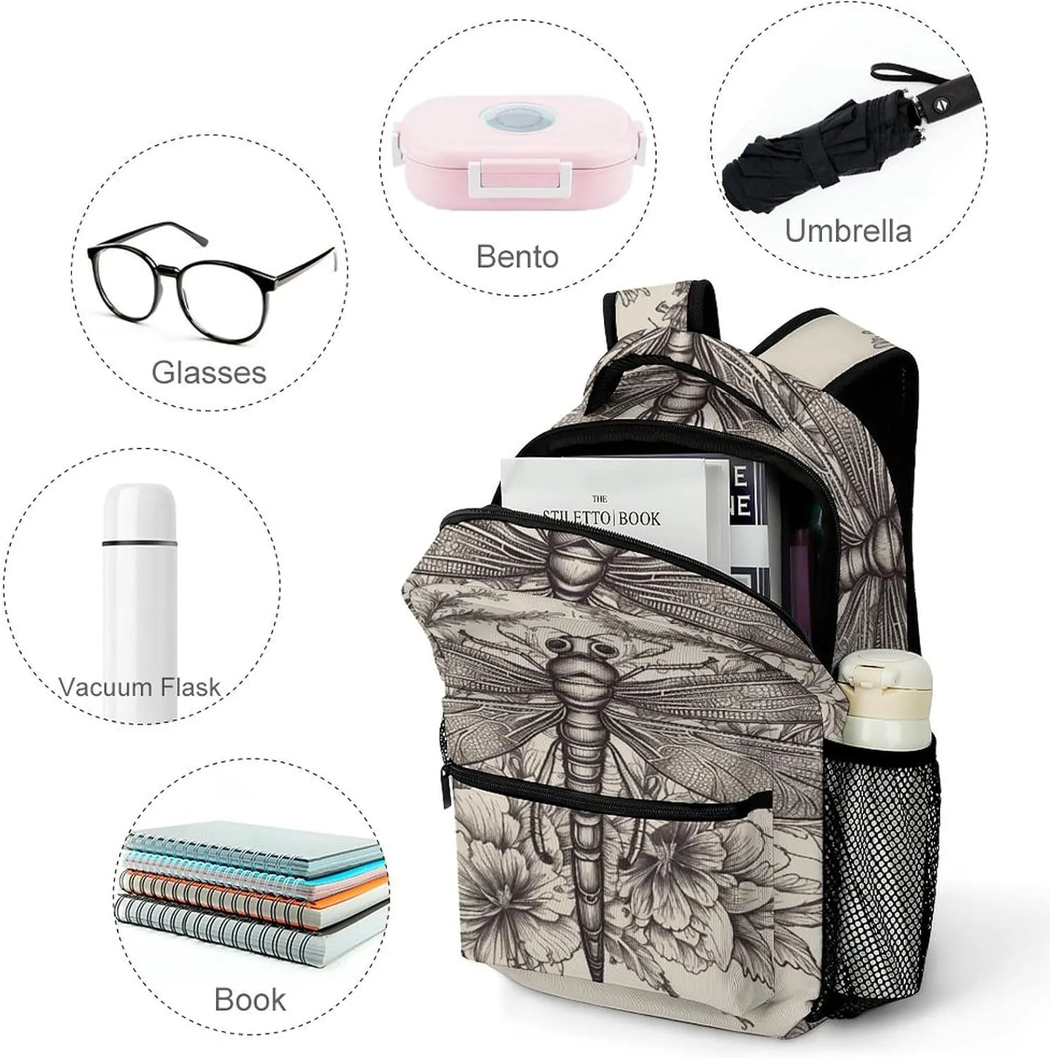 Small Backpacks Personalized Hand Drawn Floral Dragonfly Printing Travel Bag Lightweight Travel Backpack For Women Men