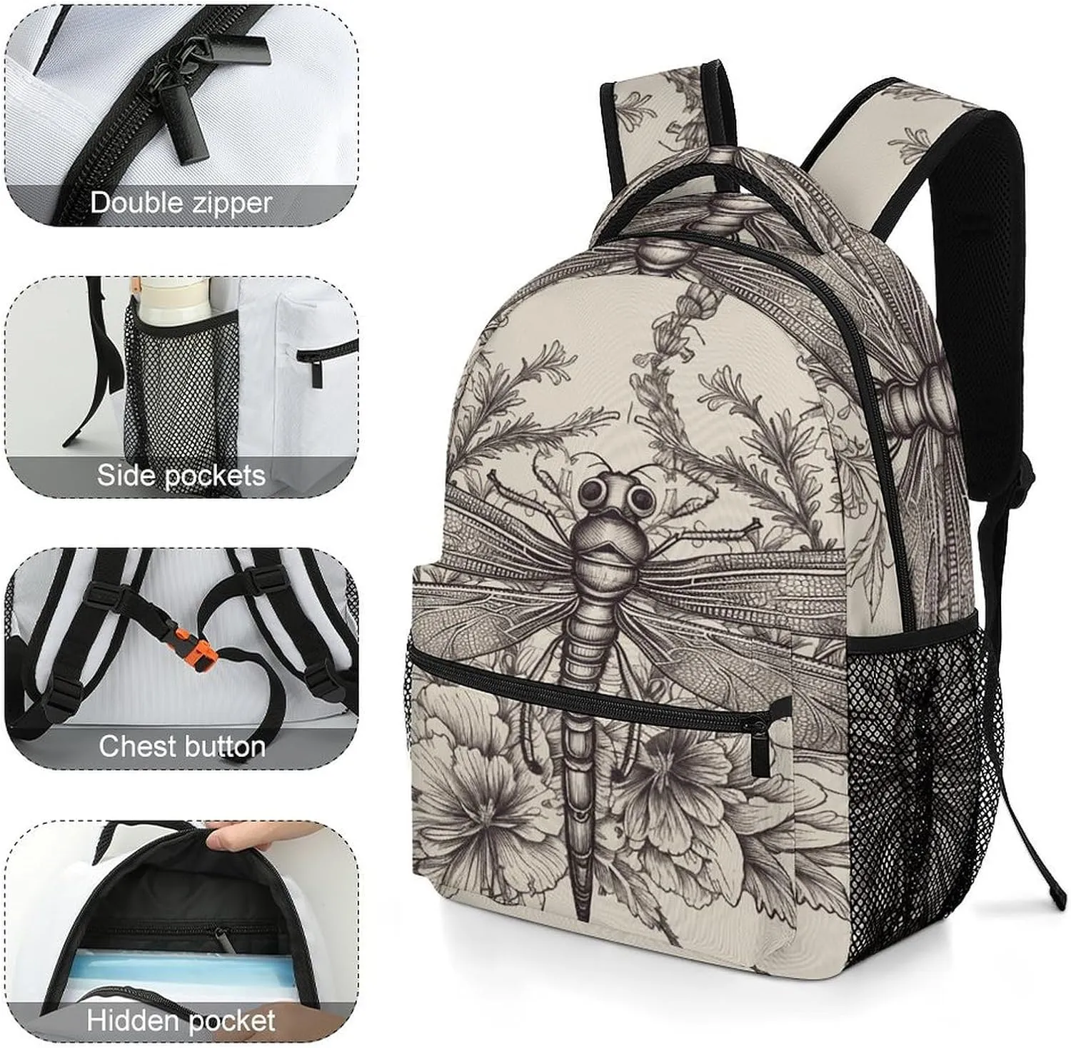 Small Backpacks Personalized Hand Drawn Floral Dragonfly Printing Travel Bag Lightweight Travel Backpack For Women Men