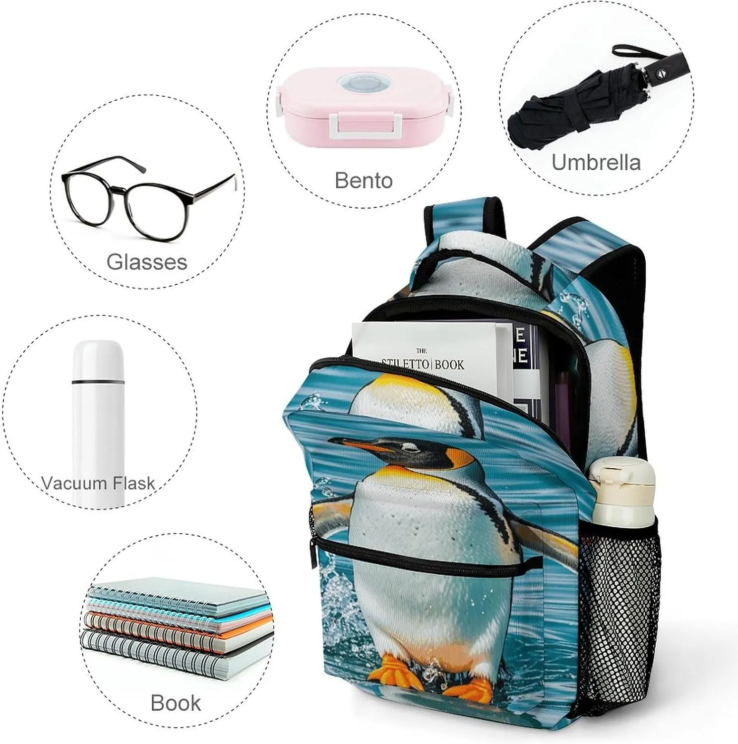 Small Backpacks Personalized Happy Penguin in The Water Printing Travel Bag Lightweight Travel Backpack For Women Men