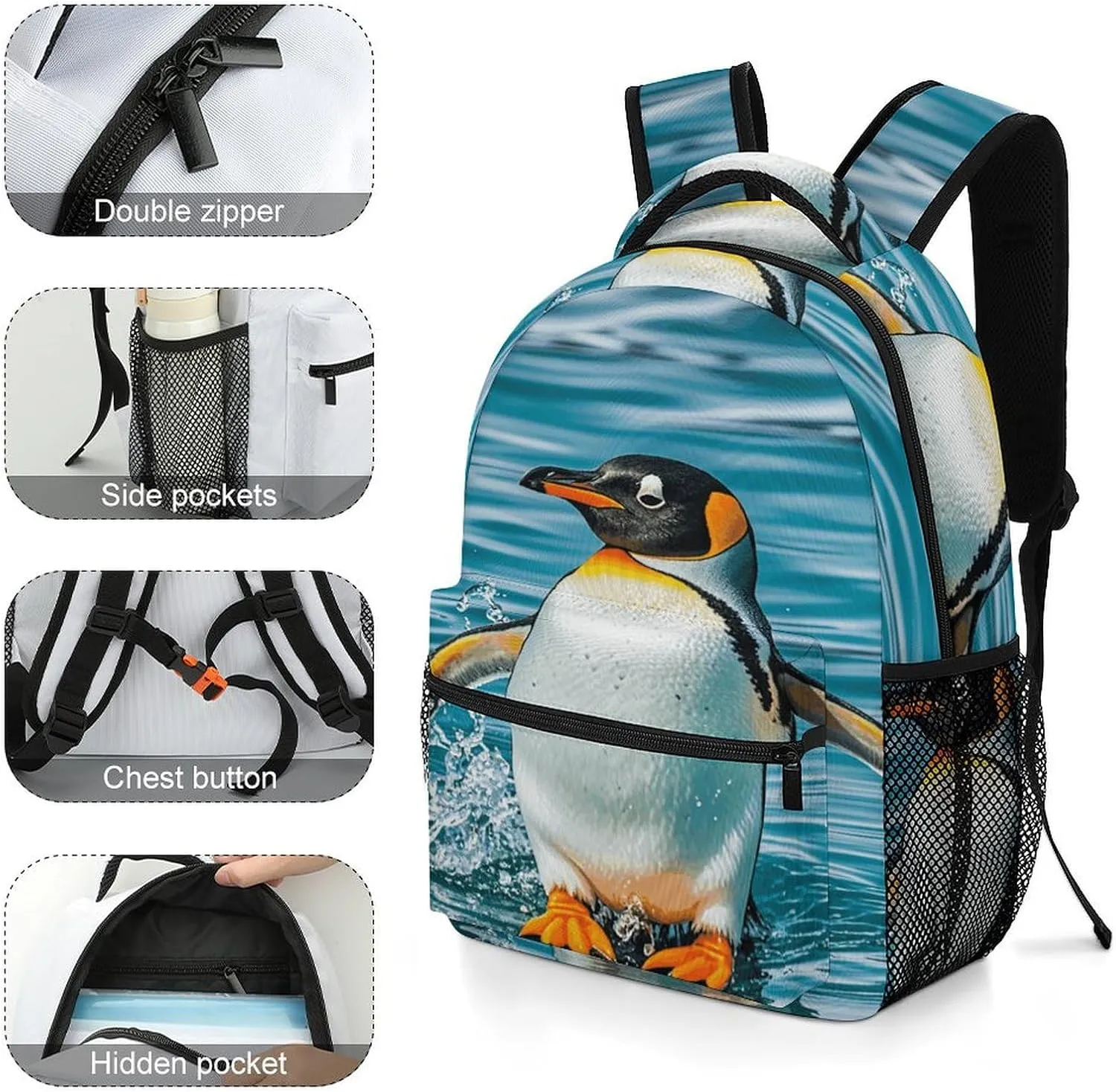 Small Backpacks Personalized Happy Penguin in The Water Printing Travel Bag Lightweight Travel Backpack For Women Men