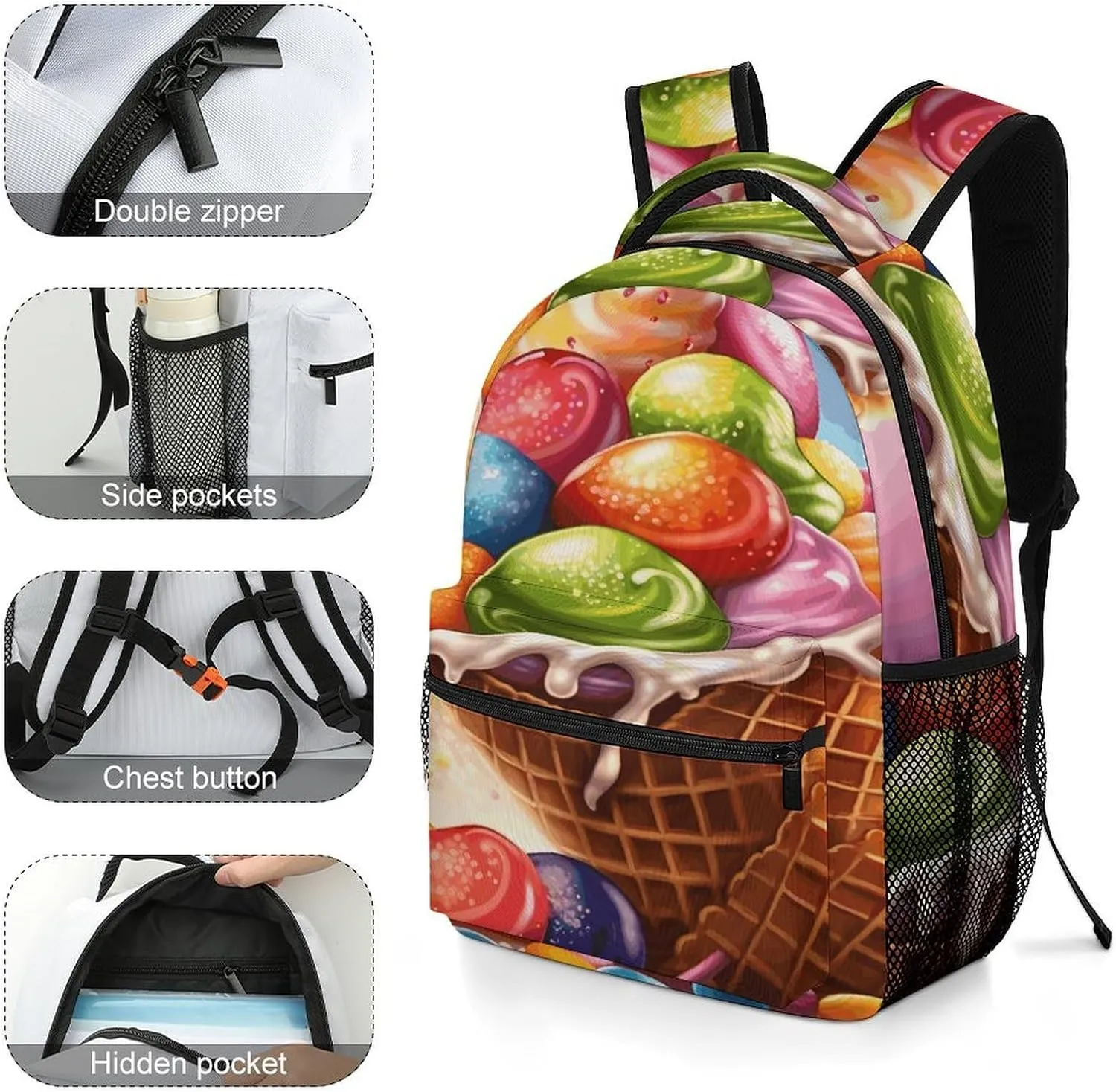 Small Backpacks Personalized Ice Cream And Candy Printing Travel Bag Lightweight Travel Backpack For Women Men