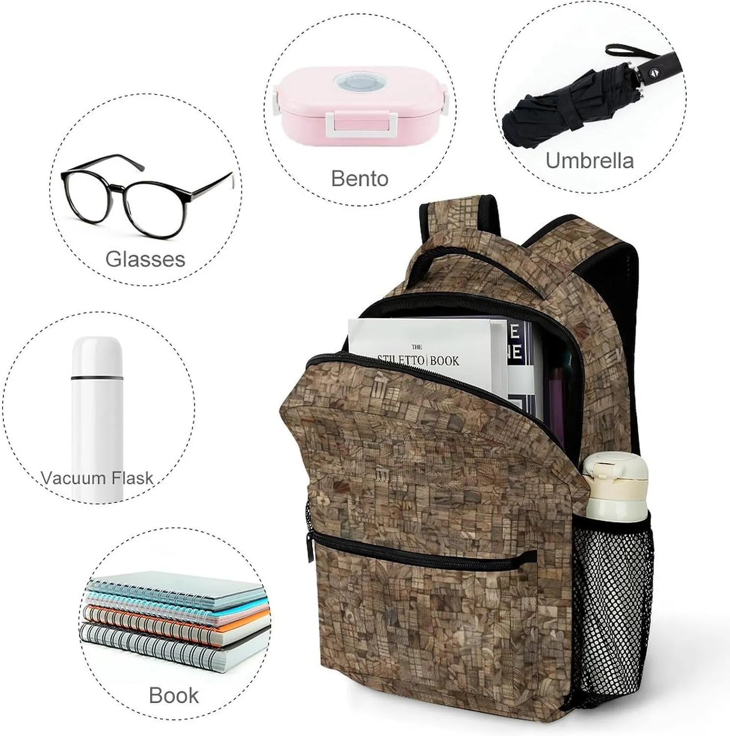 Small Backpacks Personalized Light Gray And Brown Printing Travel Bag Lightweight Travel Backpack For Women Men