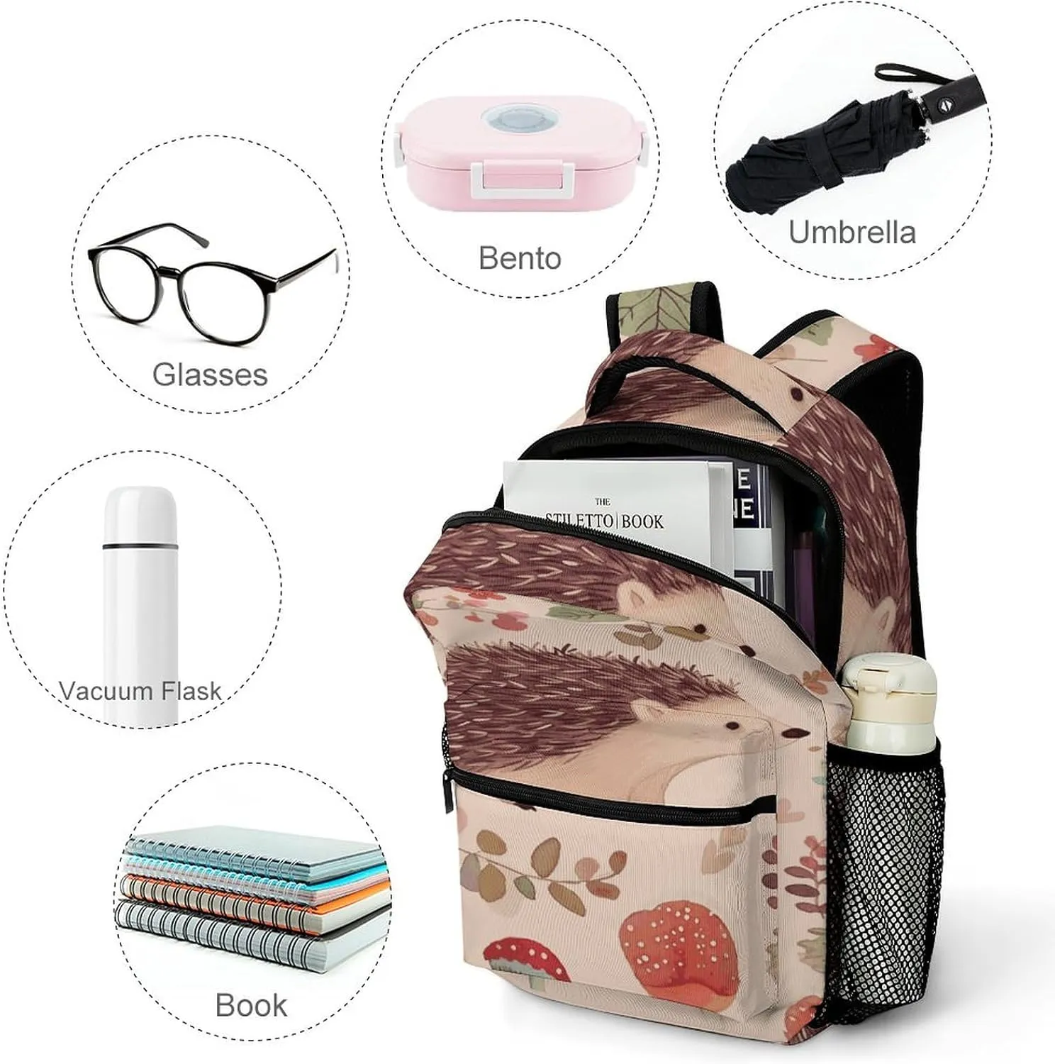 Small Backpacks Personalized Lovely Hedgehog Printing Travel Bag Lightweight Travel Backpack For Women Men