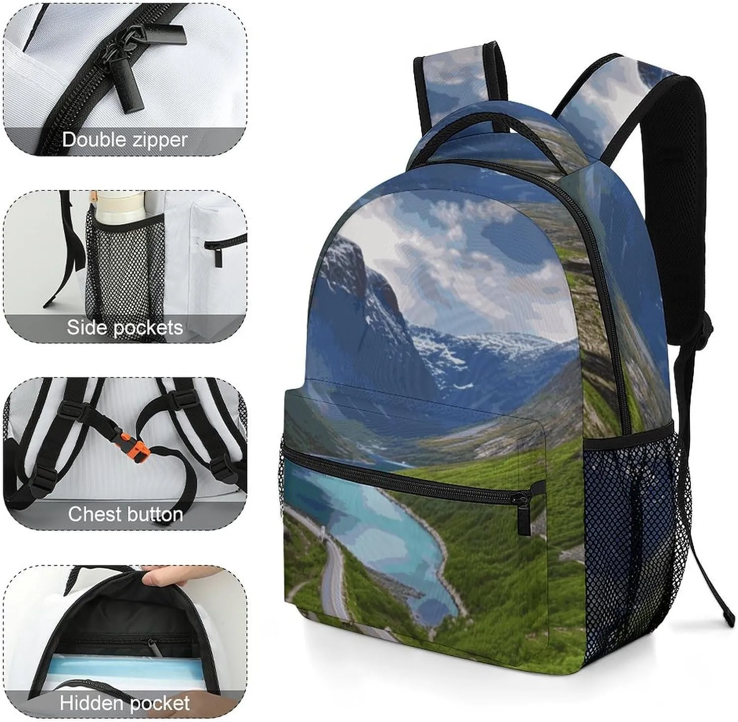 Small Backpacks Personalized Norwegian Fjords Printing Travel Bag Lightweight Travel Backpack For Women Men