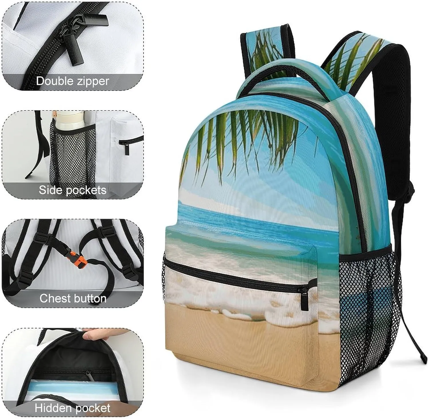 Small Backpacks Personalized Ocean Sea Beach Leaves Printing Travel Bag Lightweight Travel Backpack For Women Men