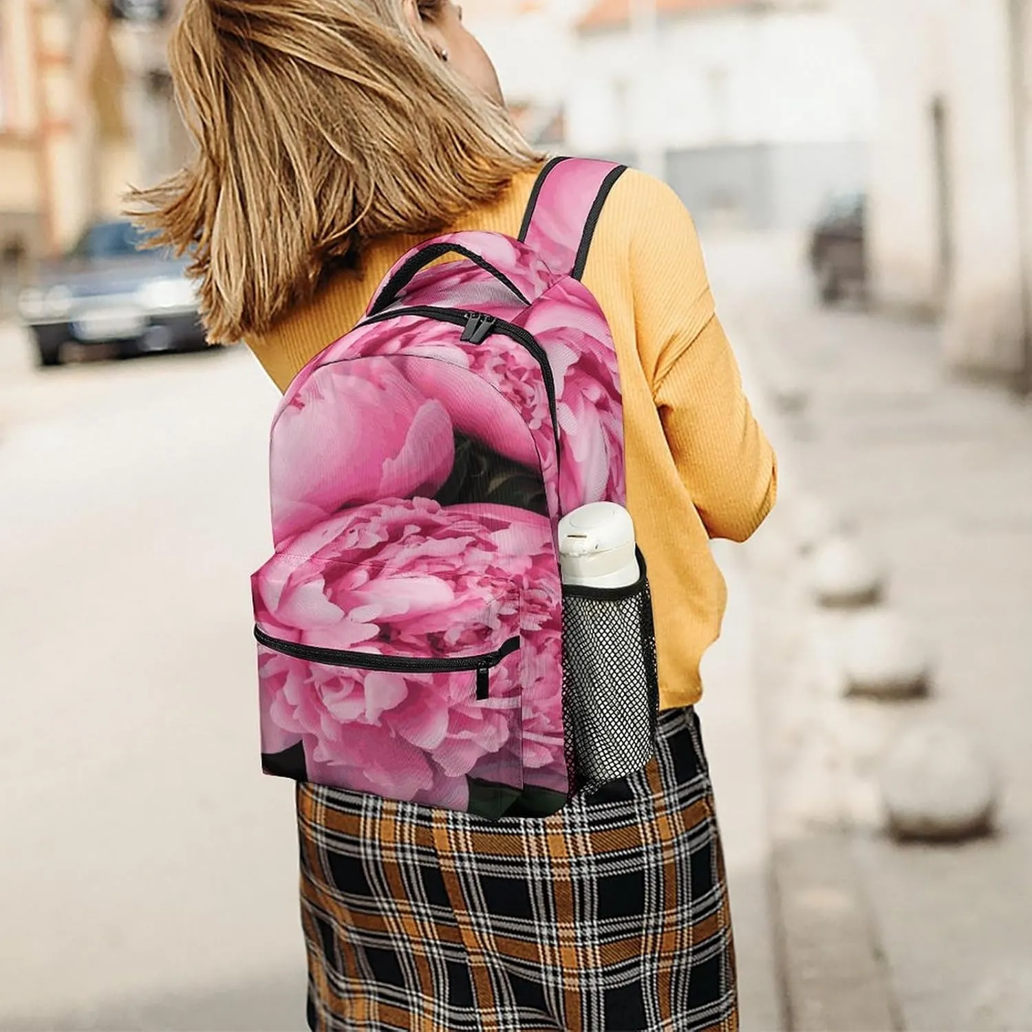 Small Backpacks Personalized Pink Peony Printing Travel Bag Lightweight Travel Backpack For Women Men