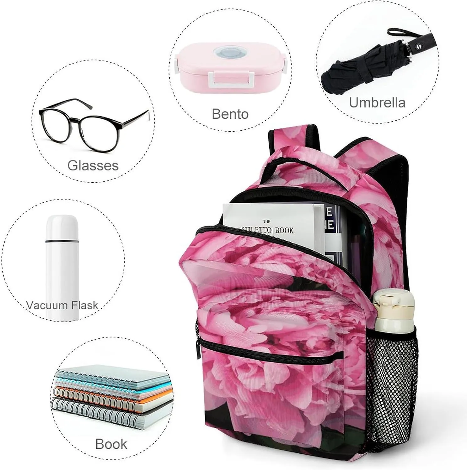 Small Backpacks Personalized Pink Peony Printing Travel Bag Lightweight Travel Backpack For Women Men