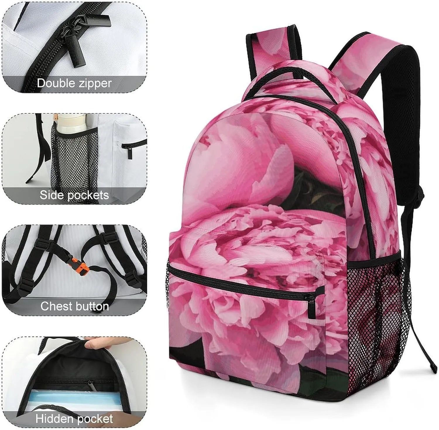 Small Backpacks Personalized Pink Peony Printing Travel Bag Lightweight Travel Backpack For Women Men
