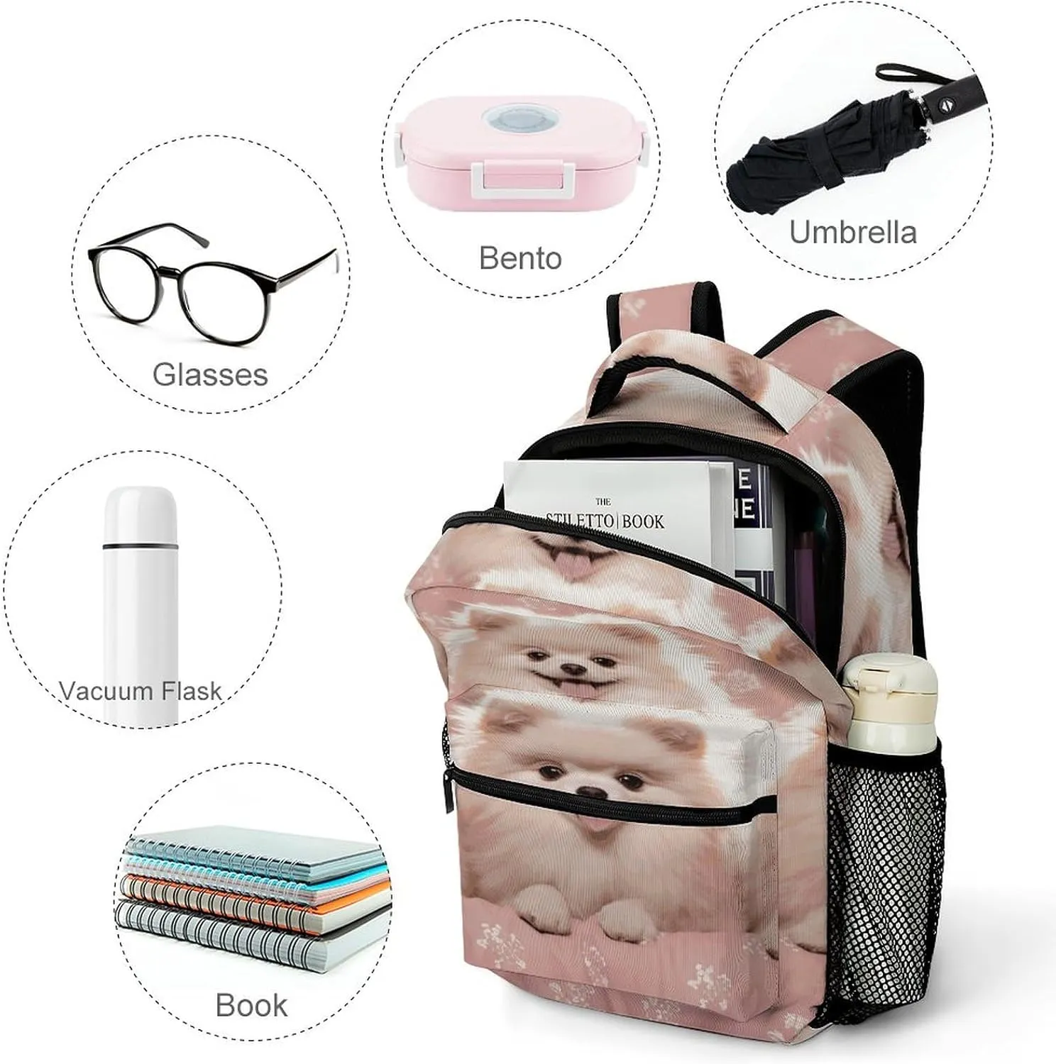 Small Backpacks Personalized Pomeranians Puppies Printing Travel Bag Lightweight Travel Backpack For Women Men
