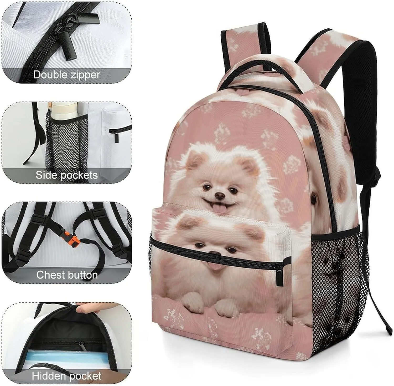 Small Backpacks Personalized Pomeranians Puppies Printing Travel Bag Lightweight Travel Backpack For Women Men