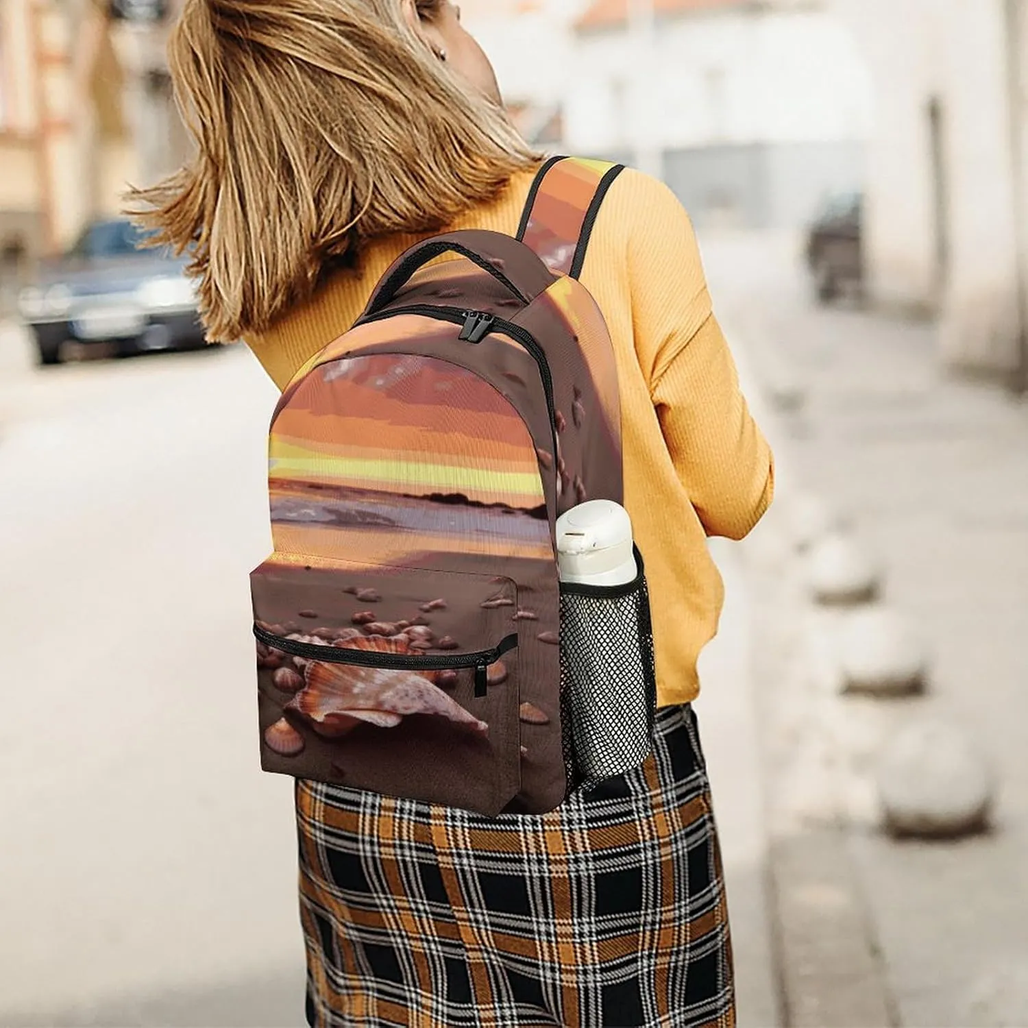 Small Backpacks Personalized Shell Beach Sunset Printing Travel Bag Lightweight Travel Backpack For Women Men