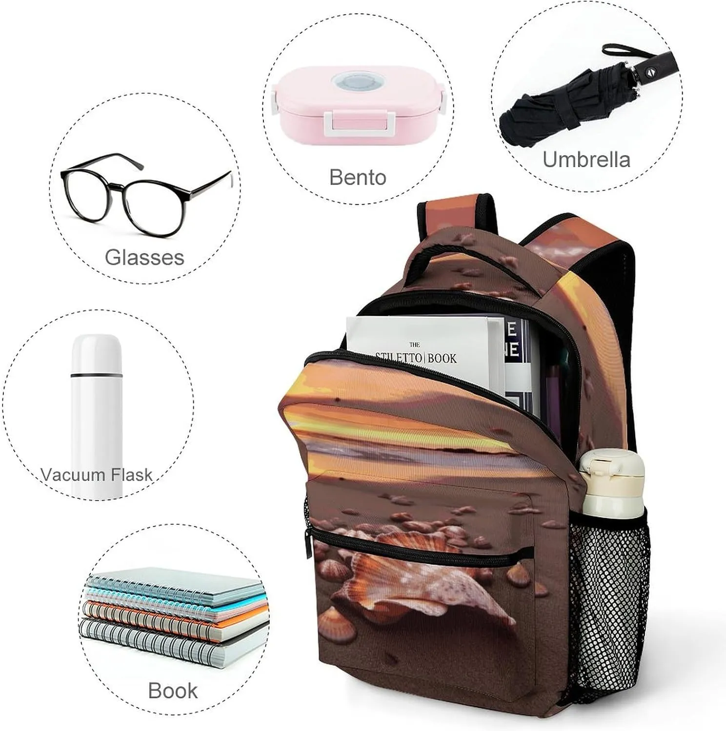 Small Backpacks Personalized Shell Beach Sunset Printing Travel Bag Lightweight Travel Backpack For Women Men