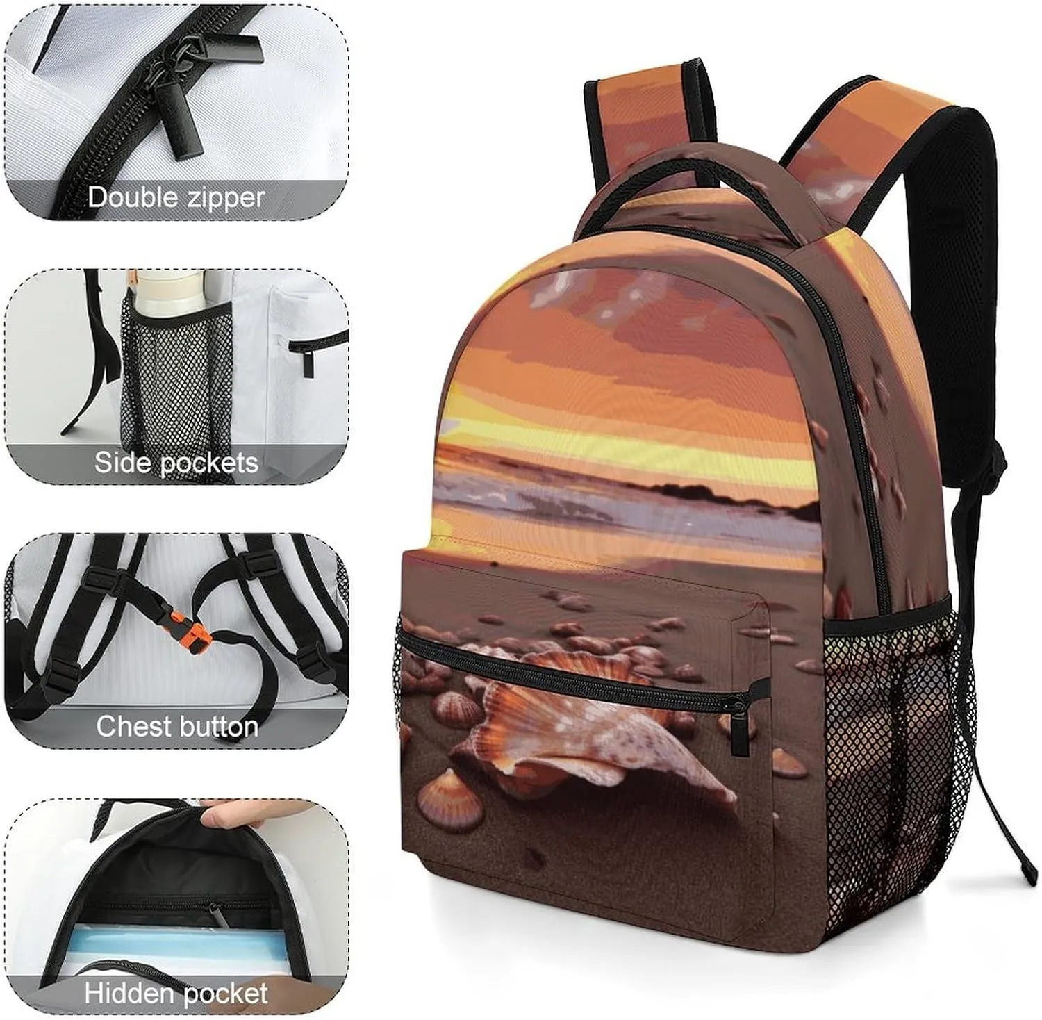 Small Backpacks Personalized Shell Beach Sunset Printing Travel Bag Lightweight Travel Backpack For Women Men