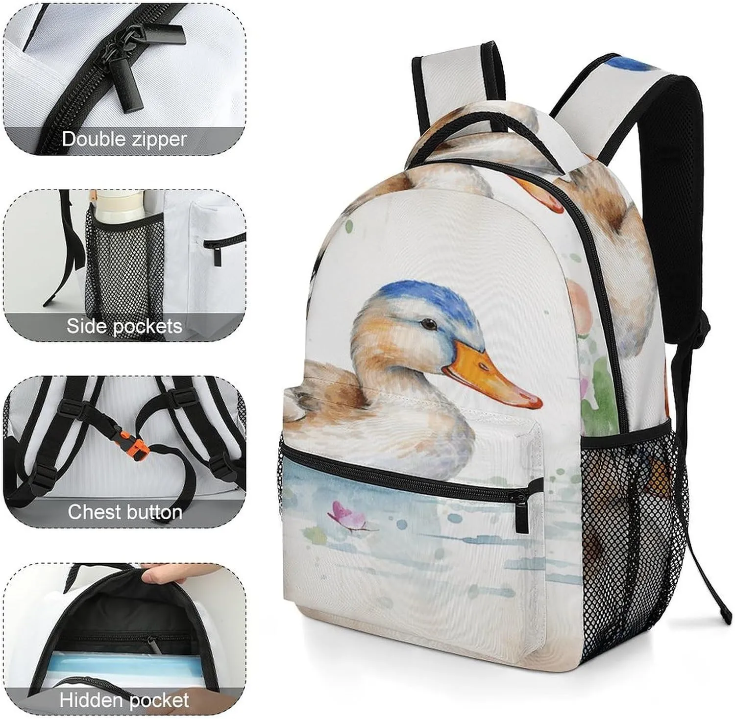 Small Backpacks Personalized Watercolor Duck Printing Travel Bag Lightweight Travel Backpack For Women Men
