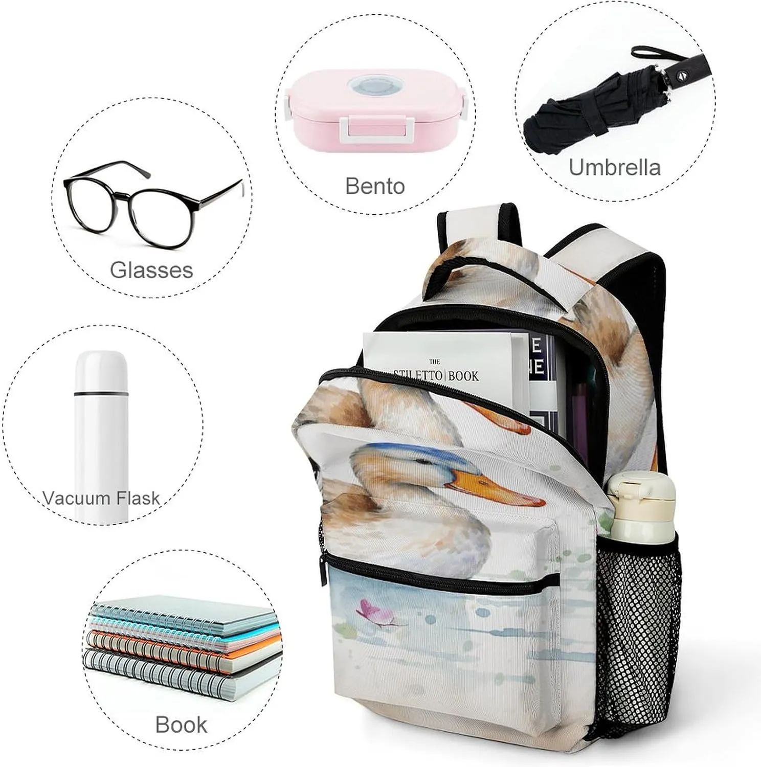 Small Backpacks Personalized Watercolor Duck Printing Travel Bag Lightweight Travel Backpack For Women Men