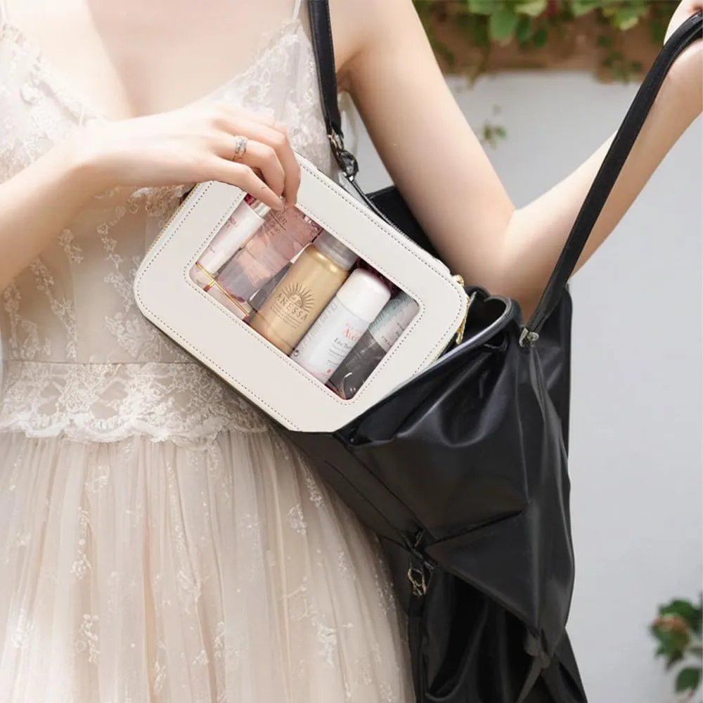 Small Clear Makeup Bag With Brush Holder, Mini Pouch, Car Organizer, Travel Toiletry Slim Zipper Purse Essential