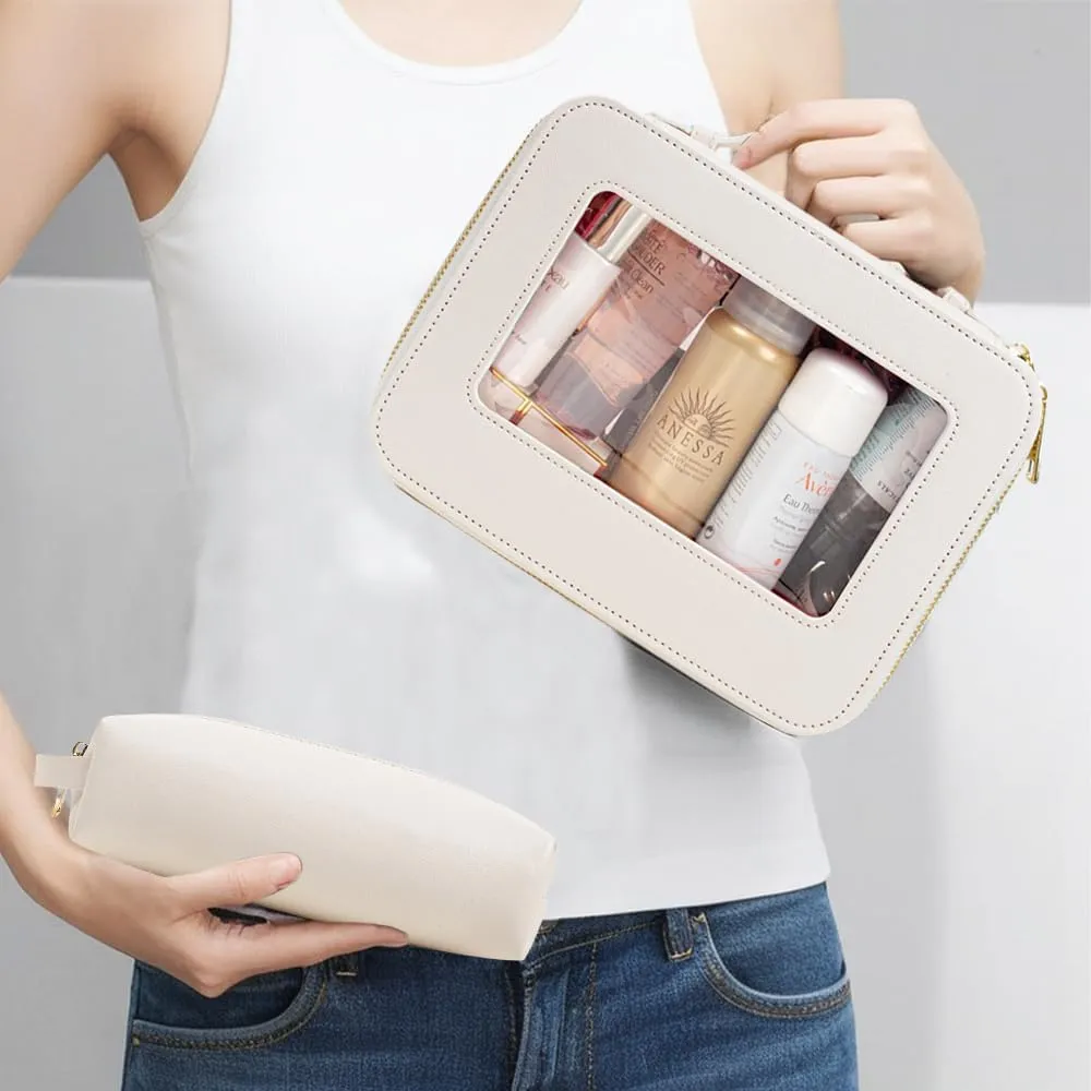 Small Clear Makeup Bag With Brush Holder, Mini Pouch, Car Organizer, Travel Toiletry Slim Zipper Purse Essential
