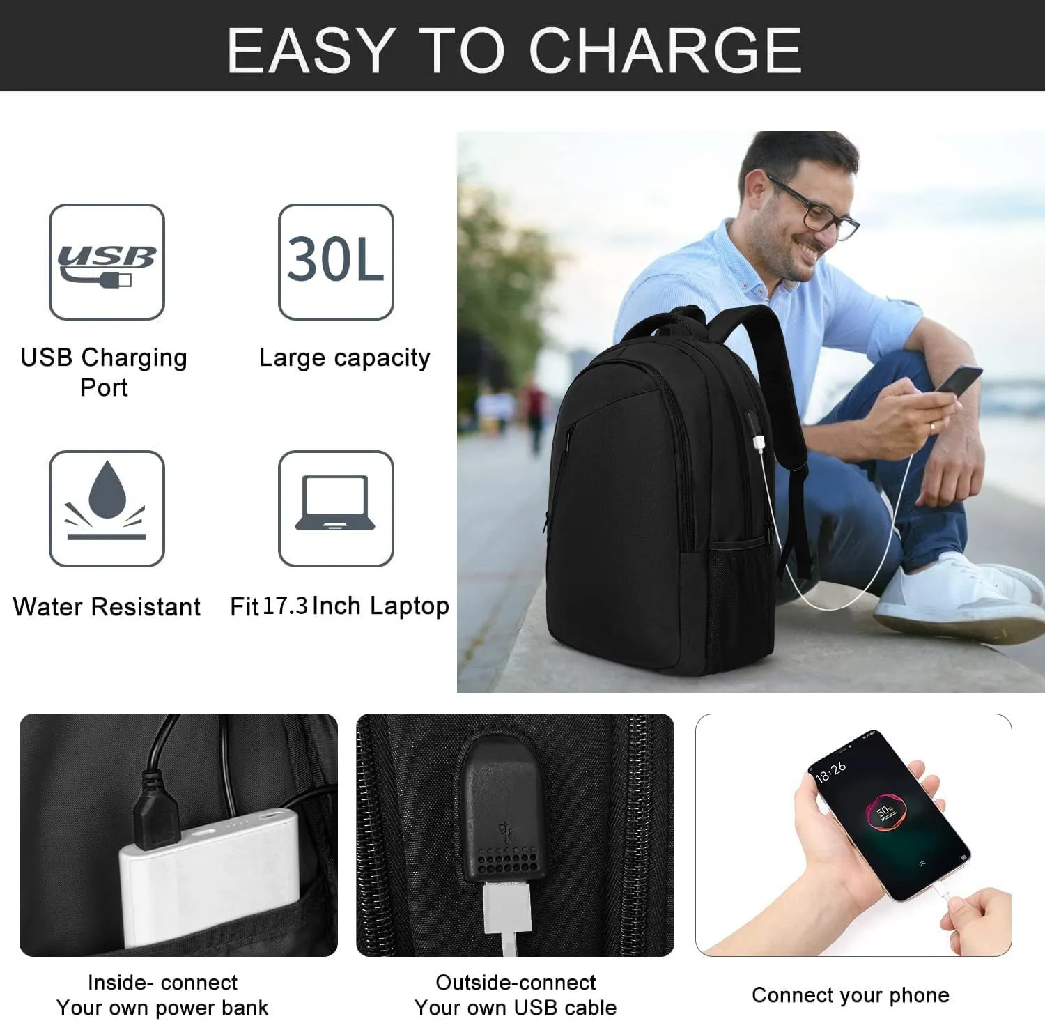 SMONT Laptop Backpack for Men, 17" Mens Bookbag Business Computer Office Tech Commuter Work Backpacks Black