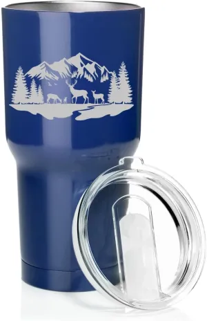 Smooth Body Tumbler Stainless Steel Vacuum Insulated Travel Mug Cup Gift Deer Mountain Forest River Scene (30 oz, Blue)
