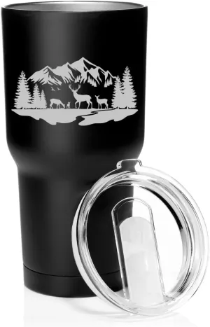 Smooth Body Tumbler Stainless Steel Vacuum Insulated Travel Mug Cup Gift Deer Mountain Forest River Scene (30 oz, Matte Black)