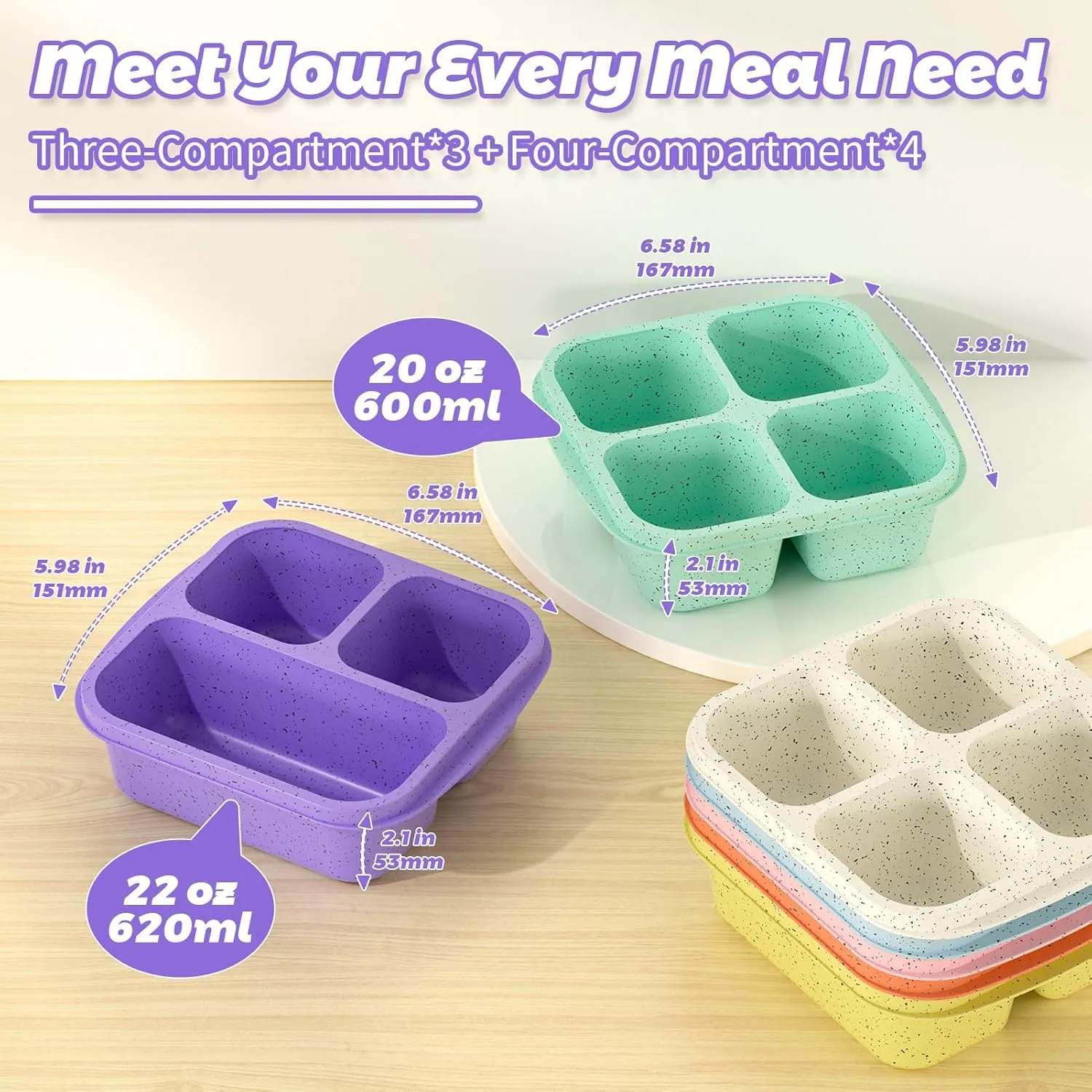 Snack Boxes (7 Pack) Reusable - Stackable Bento Lunch Box Set for Kids and Adults, Sturdy and Easy-to-Clean Meal Prep Containers, Microwave, Freezer, and Dishwasher Safe, BPA-Free (7 COLORS)