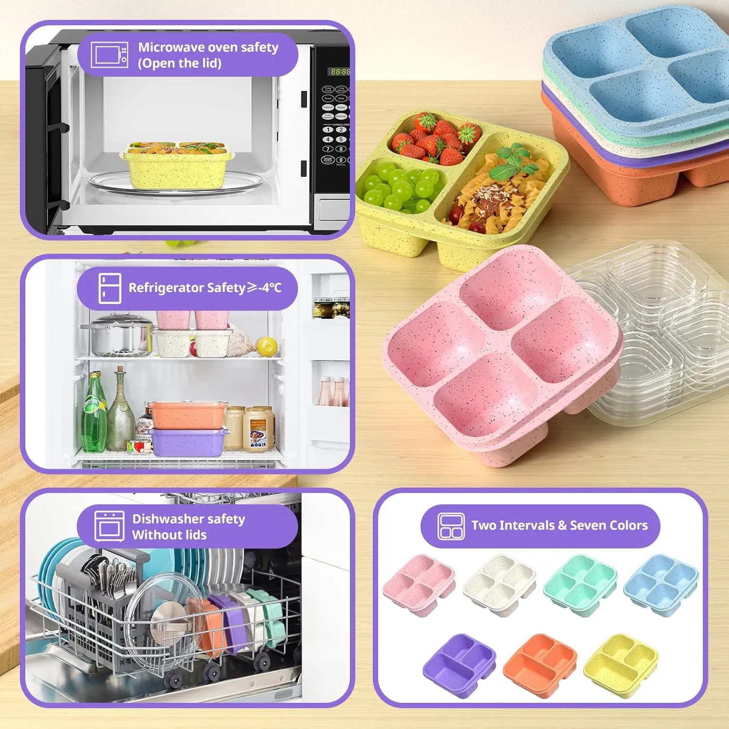 Snack Boxes (7 Pack) Reusable - Stackable Bento Lunch Box Set for Kids and Adults, Sturdy and Easy-to-Clean Meal Prep Containers, Microwave, Freezer, and Dishwasher Safe, BPA-Free (7 COLORS)