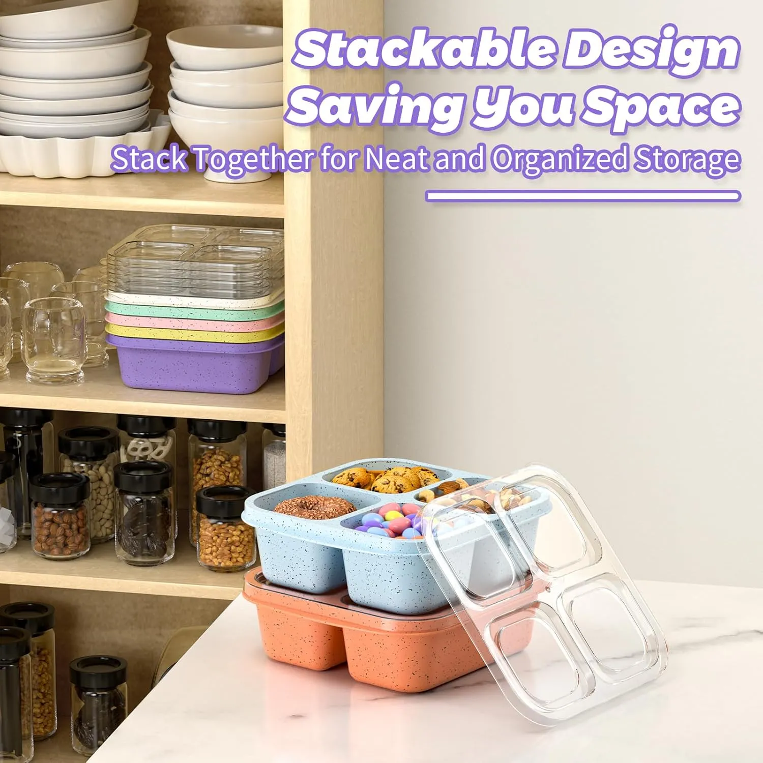 Snack Boxes (7 Pack) Reusable - Stackable Bento Lunch Box Set for Kids and Adults, Sturdy and Easy-to-Clean Meal Prep Containers, Microwave, Freezer, and Dishwasher Safe, BPA-Free (7 COLORS)