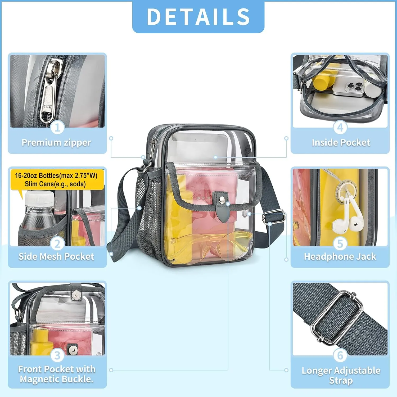 SPODEARS Clear Crossbody Bag for Stadium Events & Concerts - Adjustable Shoulder Strap Purse with 1 Bottle Holder