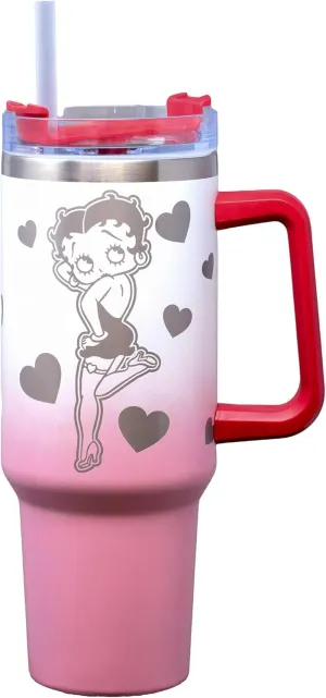 Spoontiques - Etched Stainless Steel Travel Mug with Handle - 40oz Capacity - Double Wall Stainless Steel with Sliding Lock Travel Lid - 11" Tall - Betty Boop