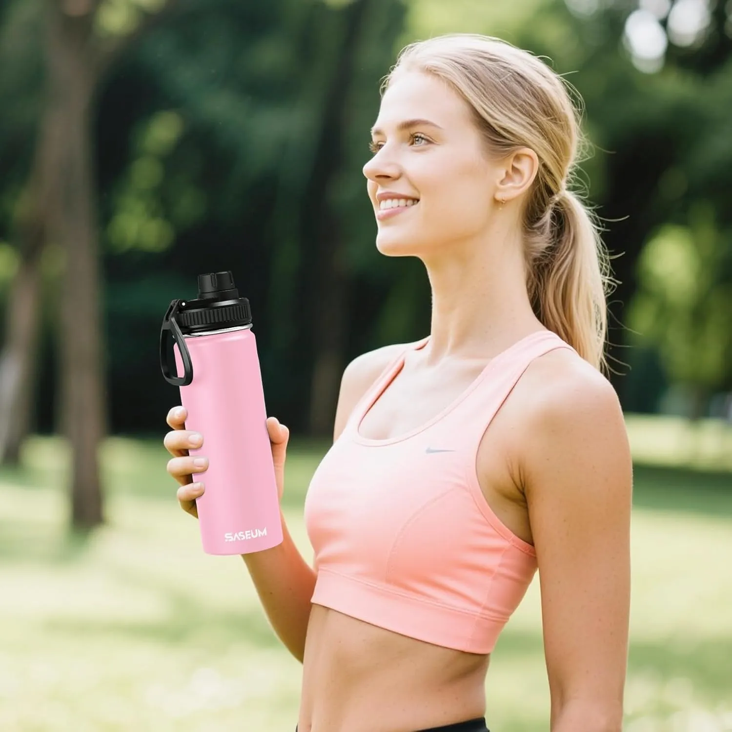 Sport Water Bottle 32oz Stainless Steel Double Wall Vacuum Thermal Mug with Leak Proof Spout Lids, Wide Mouth Metal Insulated Water Jug for Gym and Travel（Pink）