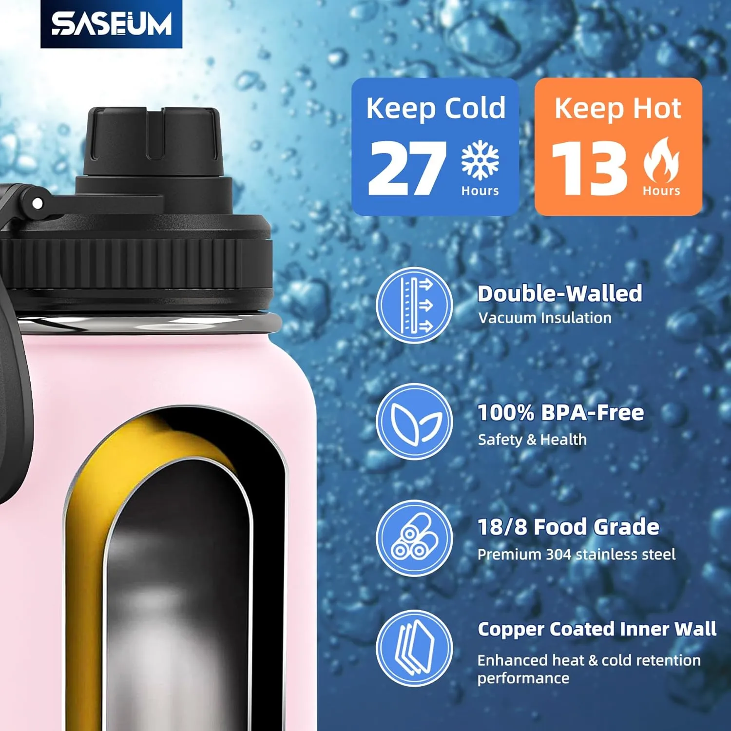 Sport Water Bottle 32oz Stainless Steel Double Wall Vacuum Thermal Mug with Leak Proof Spout Lids, Wide Mouth Metal Insulated Water Jug for Gym and Travel（Pink）
