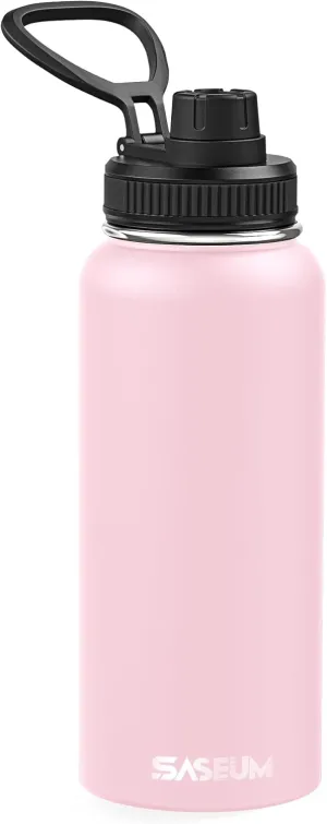 Sport Water Bottle 32oz Stainless Steel Double Wall Vacuum Thermal Mug with Leak Proof Spout Lids, Wide Mouth Metal Insulated Water Jug for Gym and Travel（Pink）