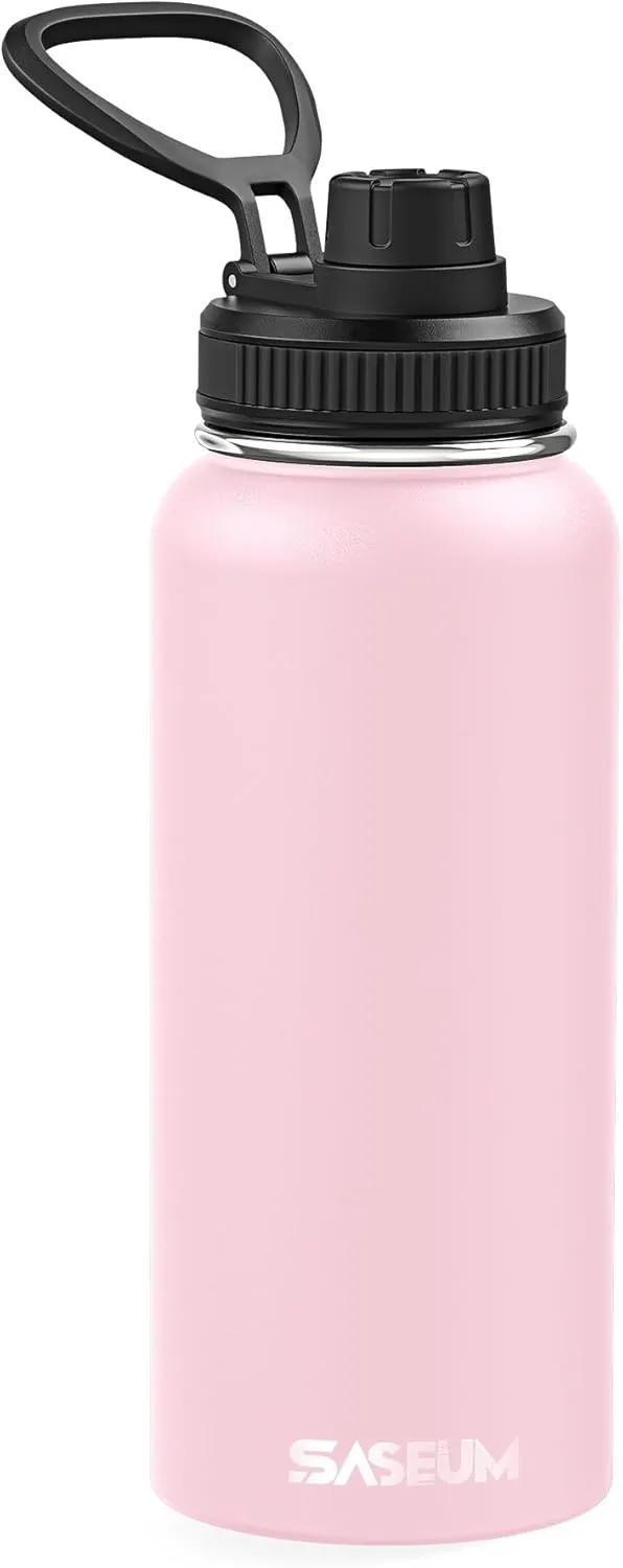 Sport Water Bottle 32oz Stainless Steel Double Wall Vacuum Thermal Mug with Leak Proof Spout Lids, Wide Mouth Metal Insulated Water Jug for Gym and Travel（Pink）