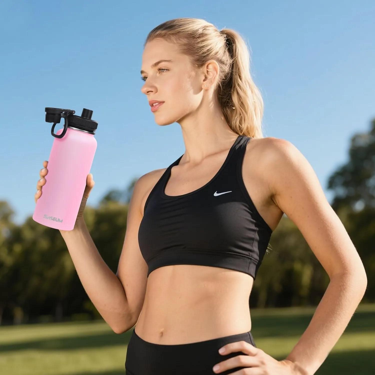 Sport Water Bottle 32oz Stainless Steel Double Wall Vacuum Thermal Mug with Leak Proof Spout Lids, Wide Mouth Metal Insulated Water Jug for Gym and Travel（Pink）