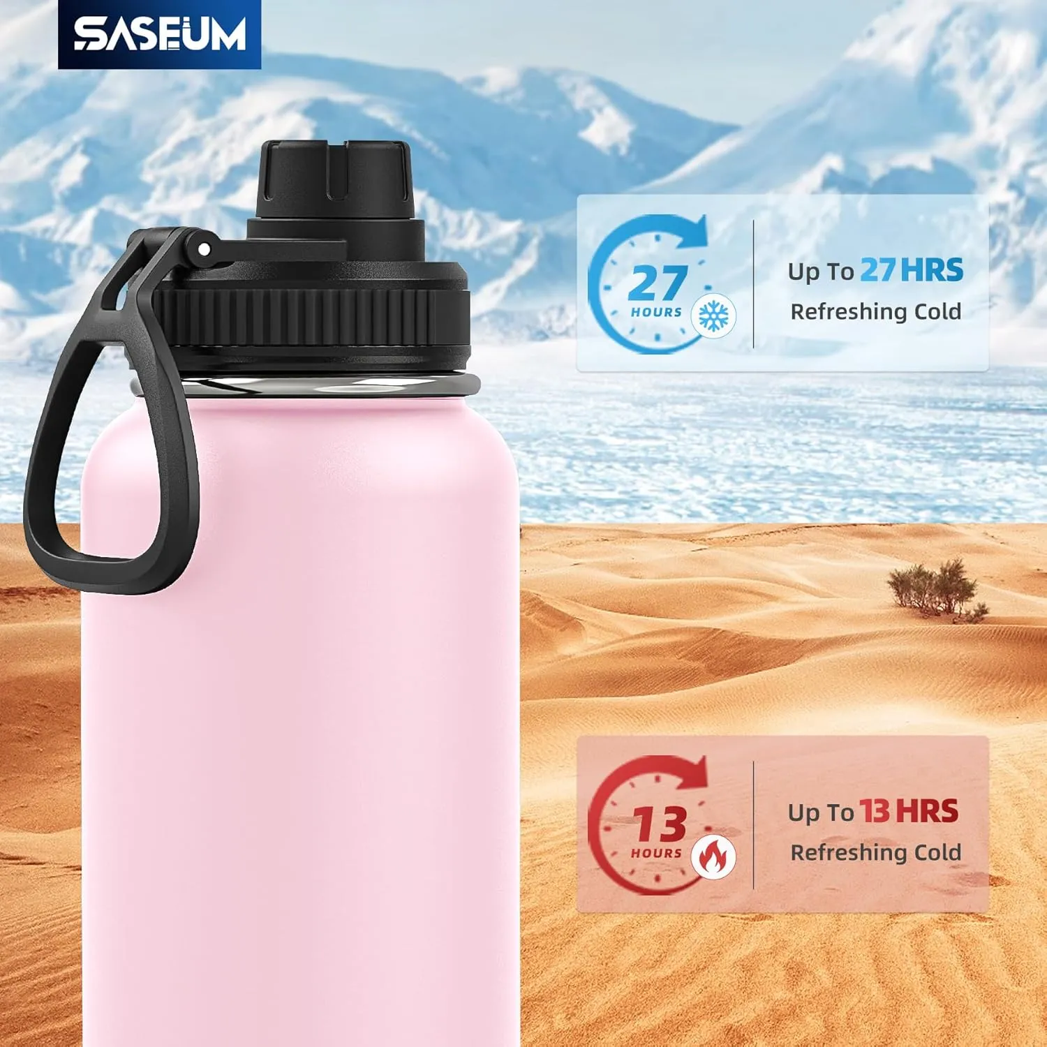 Sport Water Bottle 32oz Stainless Steel Double Wall Vacuum Thermal Mug with Leak Proof Spout Lids, Wide Mouth Metal Insulated Water Jug for Gym and Travel（Pink）