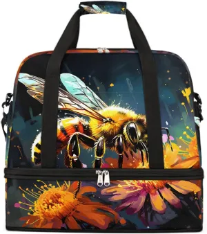 Sports Gym Bag Bee Flower Oil Painting Large Travel Duffel Bag With Shoe Compartment Foldable Waterproof Carry-On Weekend Travel Bags for Camping Overnight Yoga Hospital Travel Bags