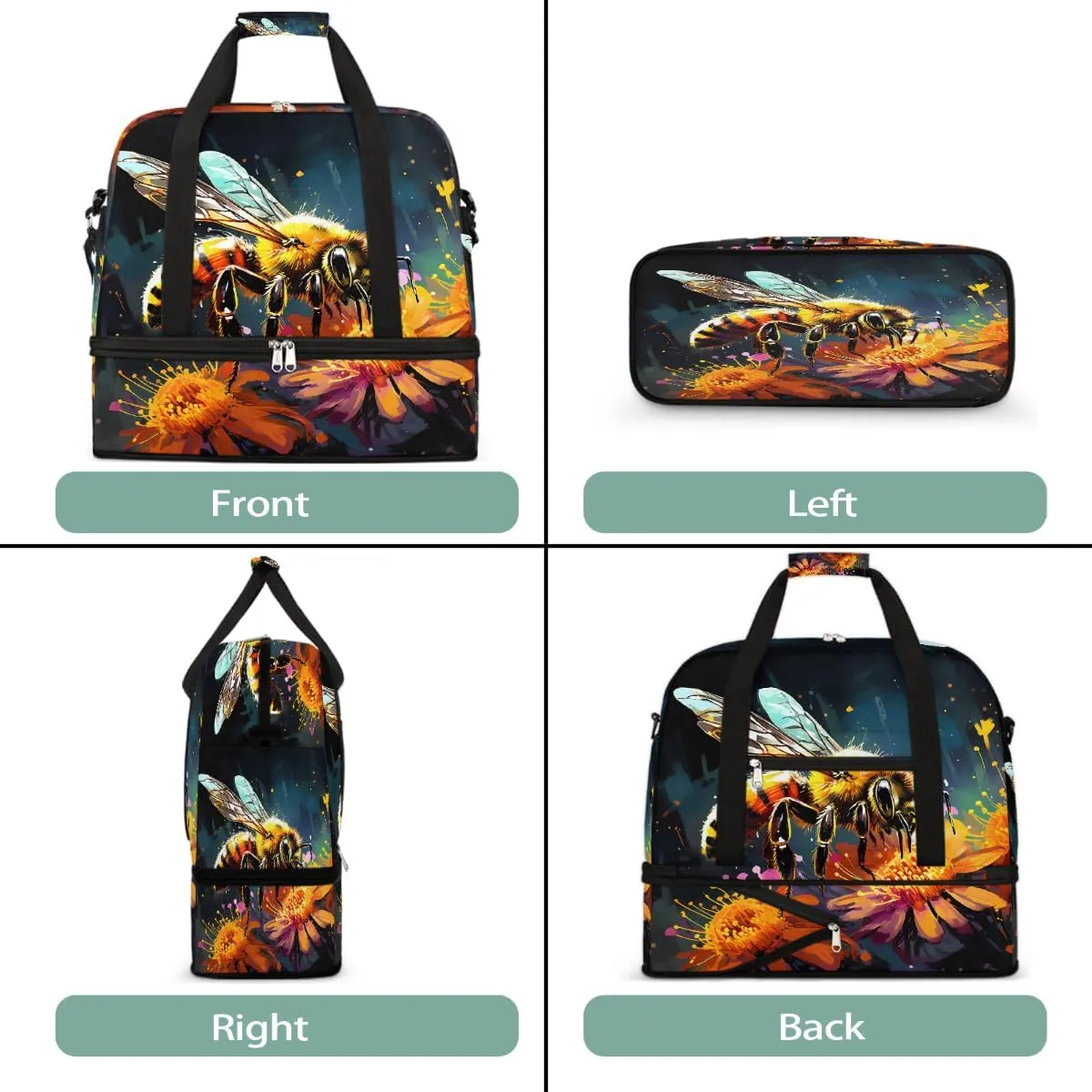 Sports Gym Bag Bee Flower Oil Painting Large Travel Duffel Bag With Shoe Compartment Foldable Waterproof Carry-On Weekend Travel Bags for Camping Overnight Yoga Hospital Travel Bags