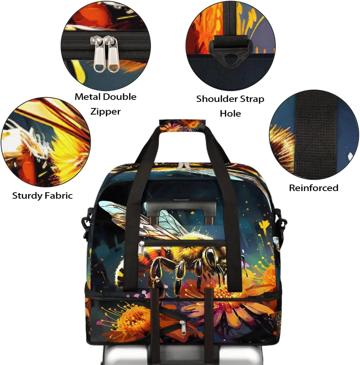 Sports Gym Bag Bee Flower Oil Painting Large Travel Duffel Bag With Shoe Compartment Foldable Waterproof Carry-On Weekend Travel Bags for Camping Overnight Yoga Hospital Travel Bags