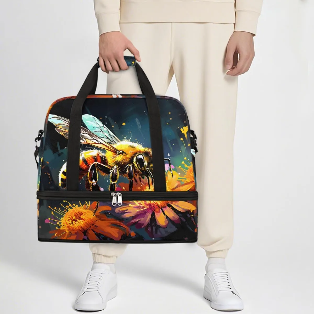 Sports Gym Bag Bee Flower Oil Painting Large Travel Duffel Bag With Shoe Compartment Foldable Waterproof Carry-On Weekend Travel Bags for Camping Overnight Yoga Hospital Travel Bags