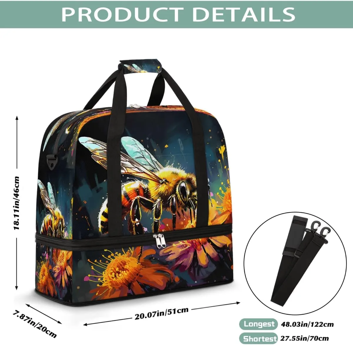 Sports Gym Bag Bee Flower Oil Painting Large Travel Duffel Bag With Shoe Compartment Foldable Waterproof Carry-On Weekend Travel Bags for Camping Overnight Yoga Hospital Travel Bags