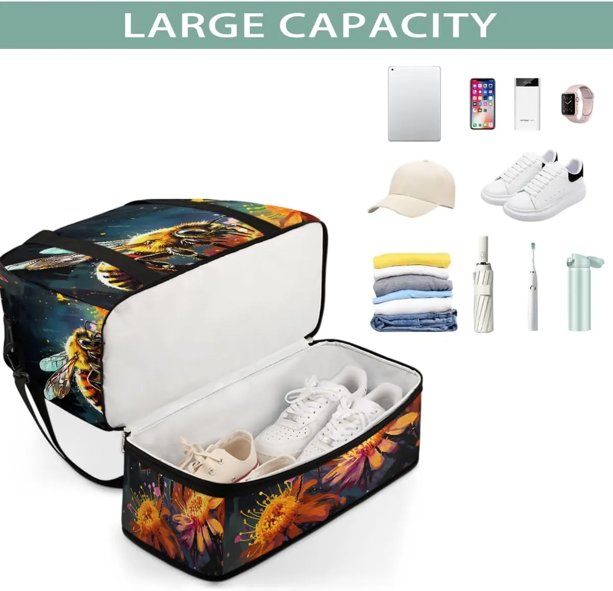 Sports Gym Bag Bee Flower Oil Painting Large Travel Duffel Bag With Shoe Compartment Foldable Waterproof Carry-On Weekend Travel Bags for Camping Overnight Yoga Hospital Travel Bags